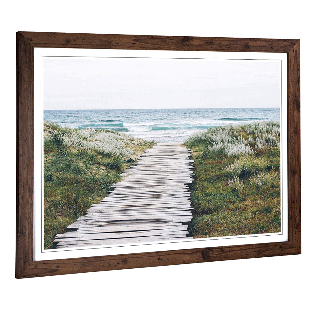 Big Box Art Framed Print of Seascape Walkway to The Beach (2) Design | Wall Art Picture | Home Decor for Kitchen, Living Room, Bedroom, Hallway, Walnut, A2 / 24.5x18 Inch / 62x45cm