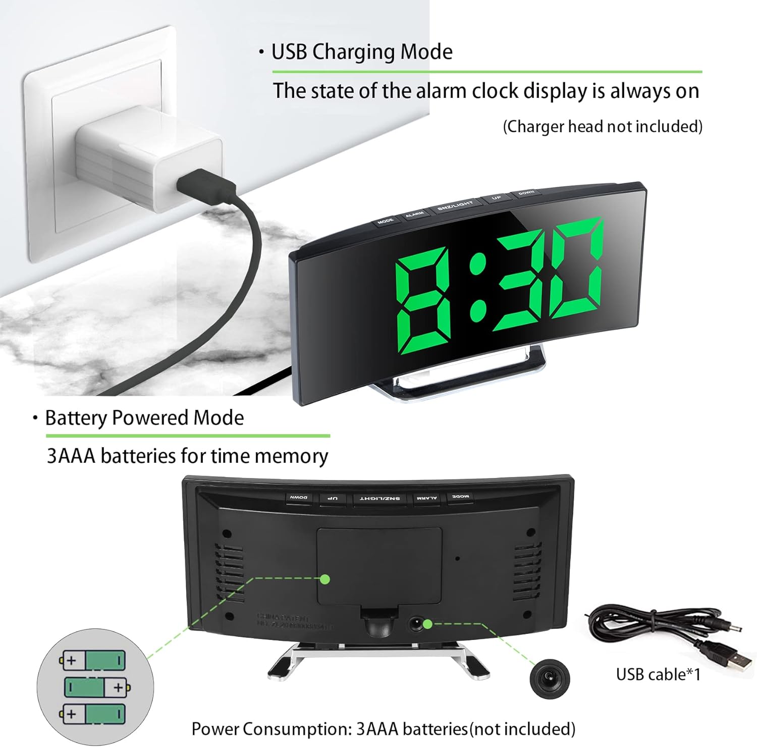 Diagram showing USB charging mode and battery powered mode