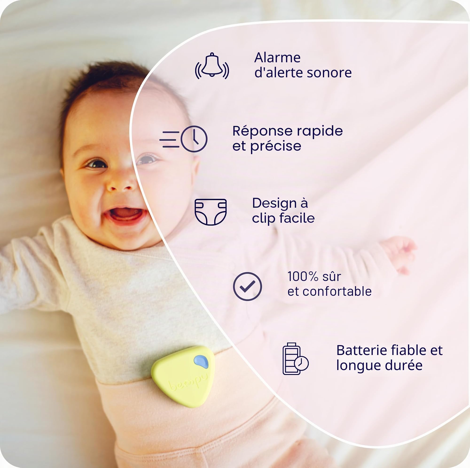 Bellybutton Moniteur de respiration intelligent pour bébé pour un sommeil plus sûr avec vibrations douces, notifications d'application, facile à clipser, portable, matériaux de qualité médicale