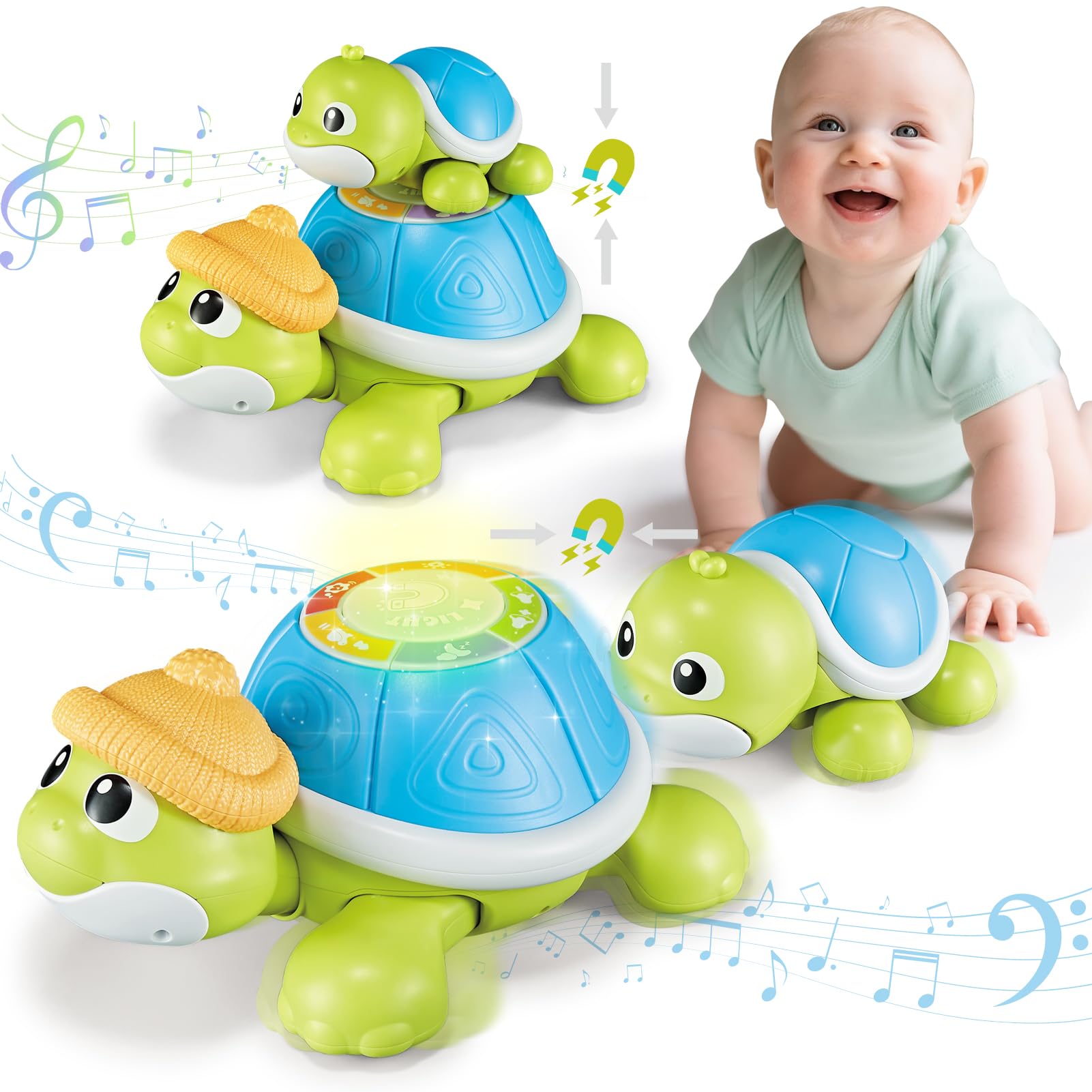 Juguetes para bebés de 6 a 12 meses, conjunto de juguetes de tortuga Miusical con mamá y bebé, juguetes para bebés que gatean en movimiento con luz y sonido, regalos de cumpleaños de Navidad para