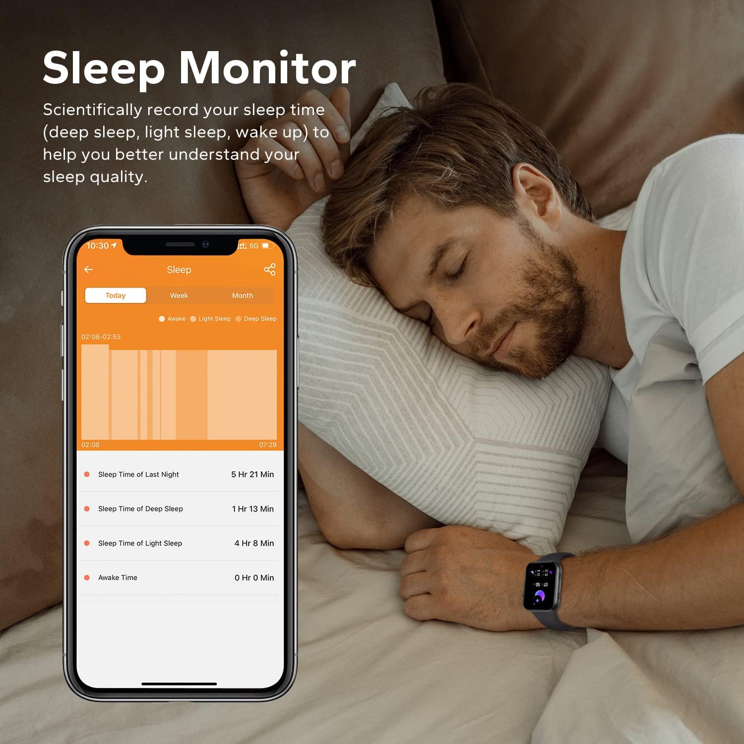 Man sleeping with smartwatch and phone displaying sleep data