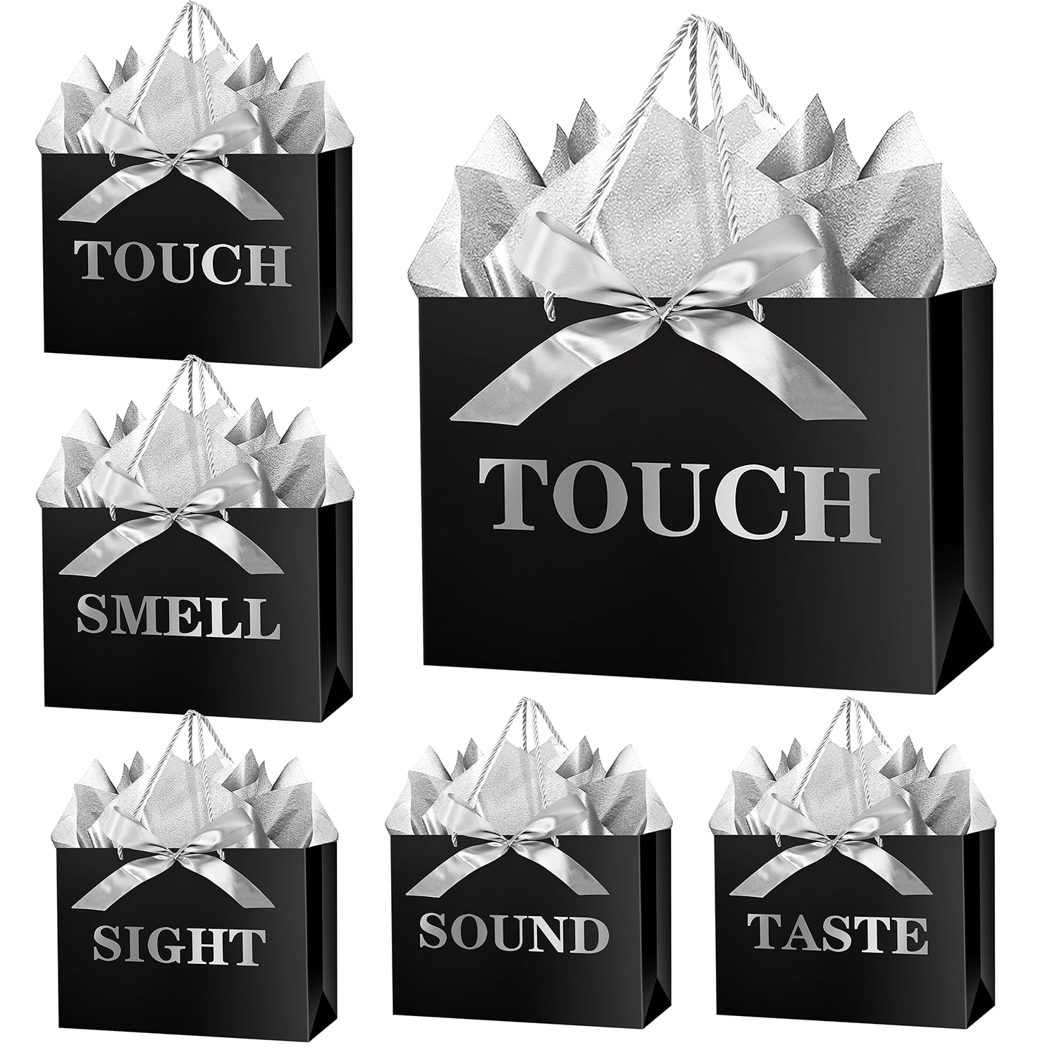 JWSCYSY 12.6" 5 Senses Gift Bags with Tissue Papers and Ribbons for Men, Women, Him Her Birthday, Anniversary, Wedding, Valentine's Day (Black Silver)