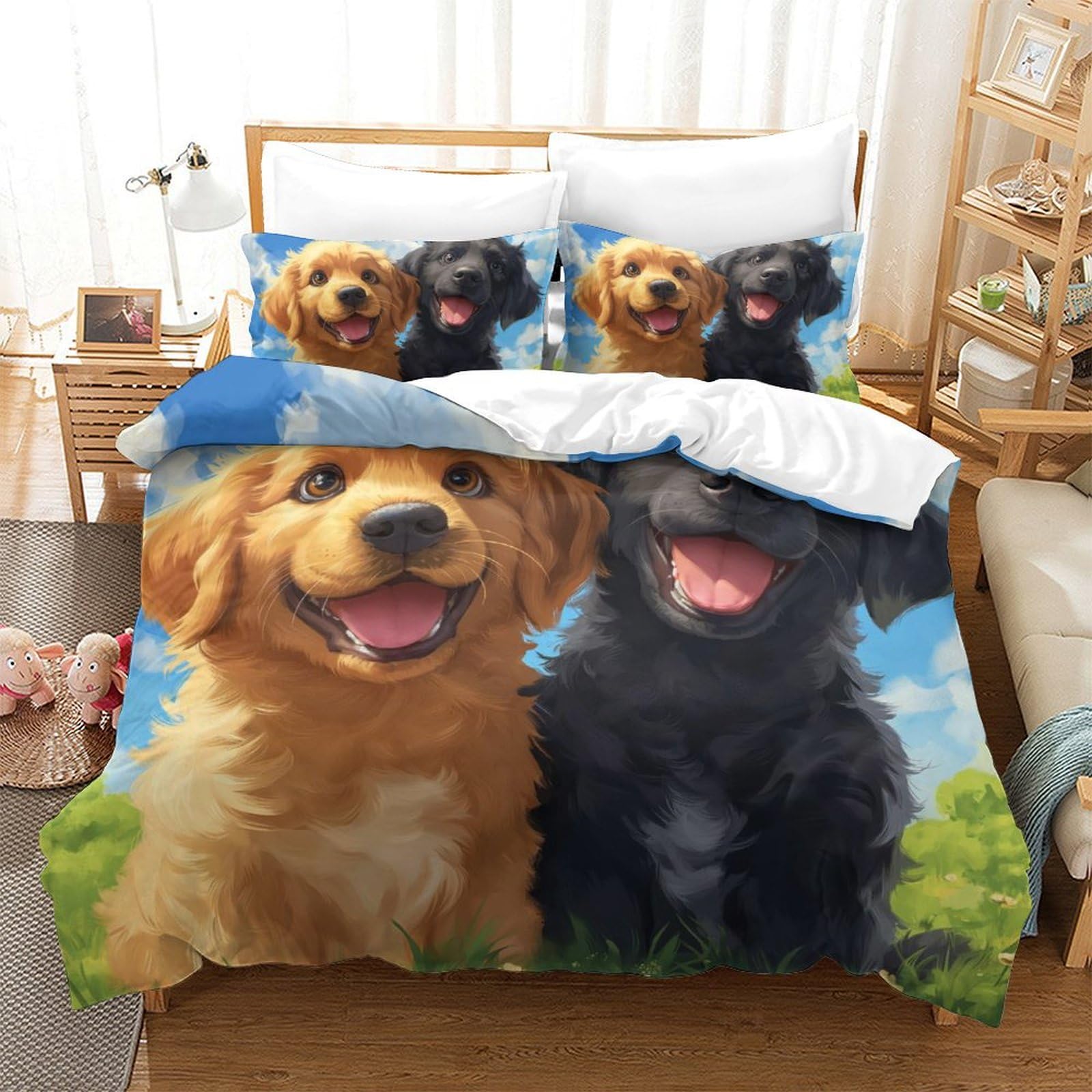 Housse de couette 220x240 Golden Retriever parure de lit 3 pièces microfibre impression 3D