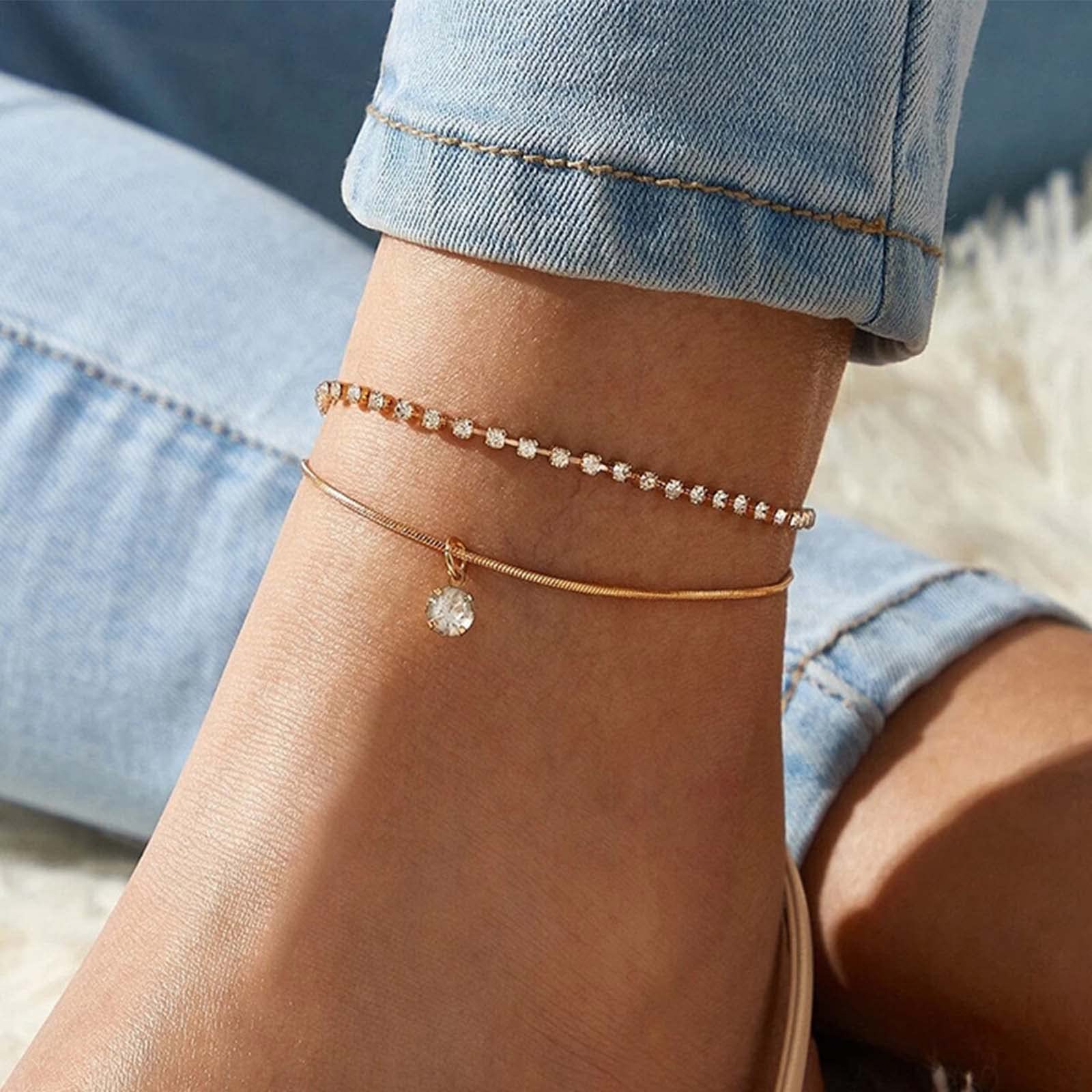 InateannalGold Layered Ankle Bracelet for Women Dainty Cubic Zirconia Tennis Anklet Boho Beach Snake Chain Anklet Foot Jewelry for Women Girls