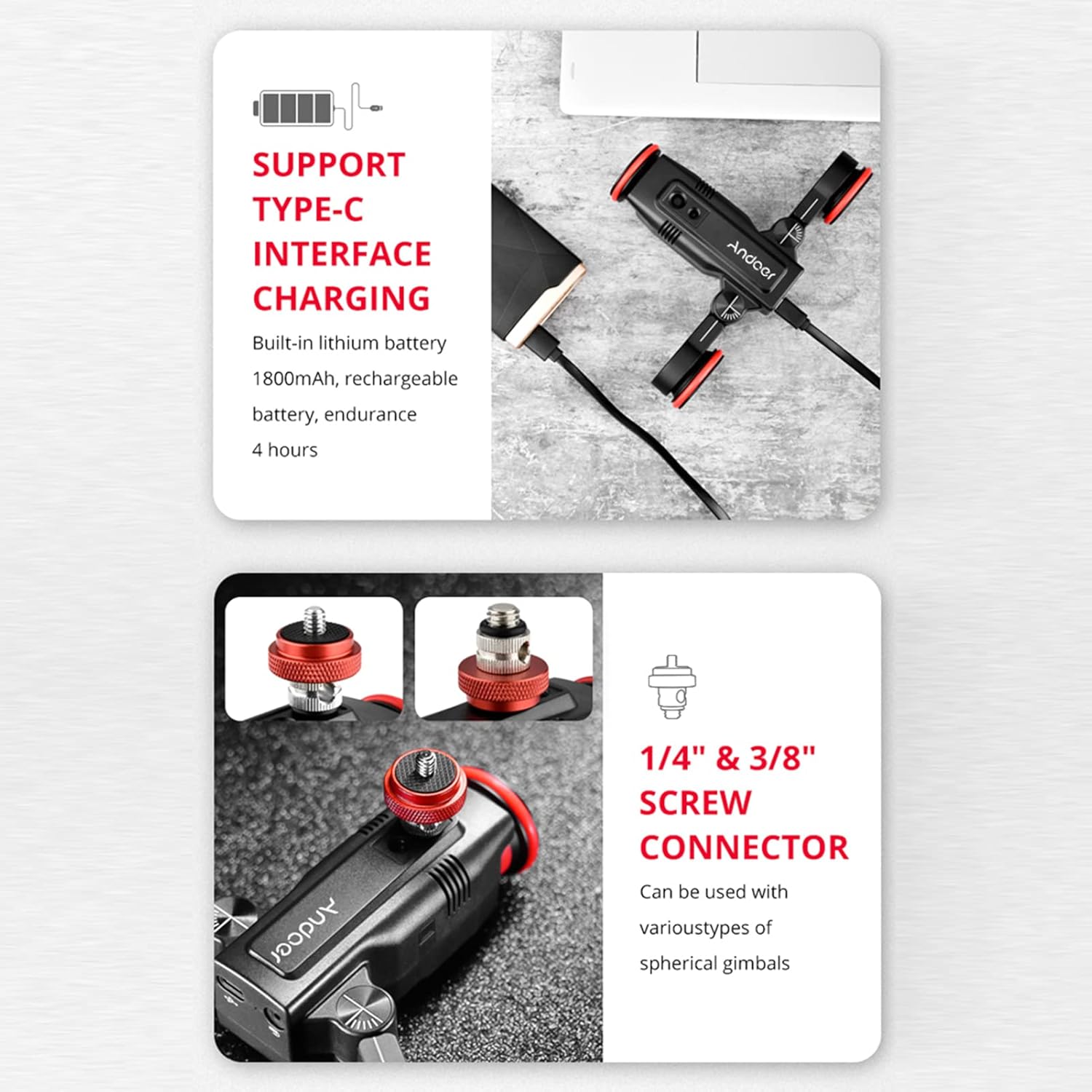 Images showing the Type-C charging port for the built-in 1800mAh battery and the 1/4 and 3/8 screw connectors