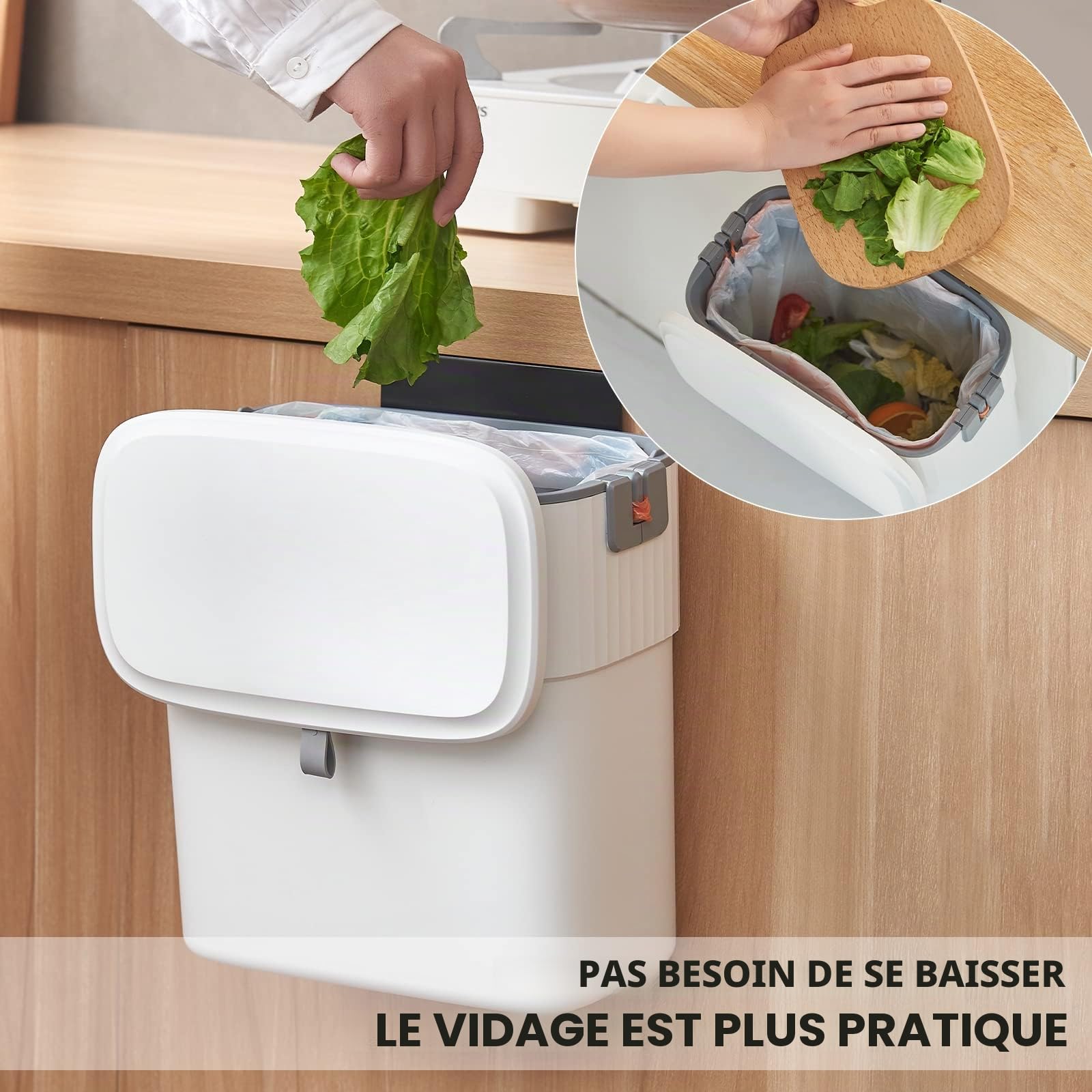 ELPHECO Poubelle à Suspendre Avec Couvercle - Compost de Cuisine Pour Dessous d'Évier, Murale en Plastique, Petite Poubelle Avec Couvercle Pour Placard