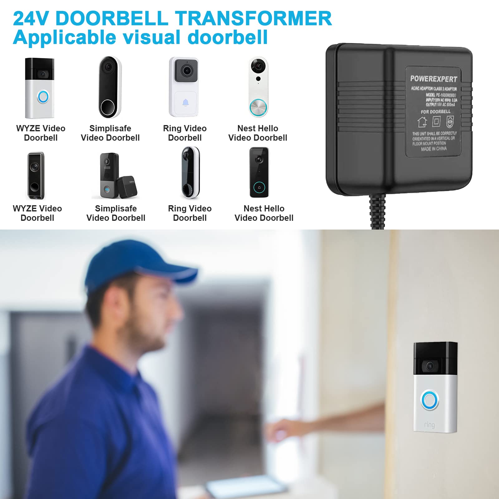 Transformator dzwonka 24 V/500 mA Zasilacz zasilacza, kabel transformatora, Zasilacz pasuje do dzwonka do drzwi wideo, Ring Video Doorbell 2 (5M)