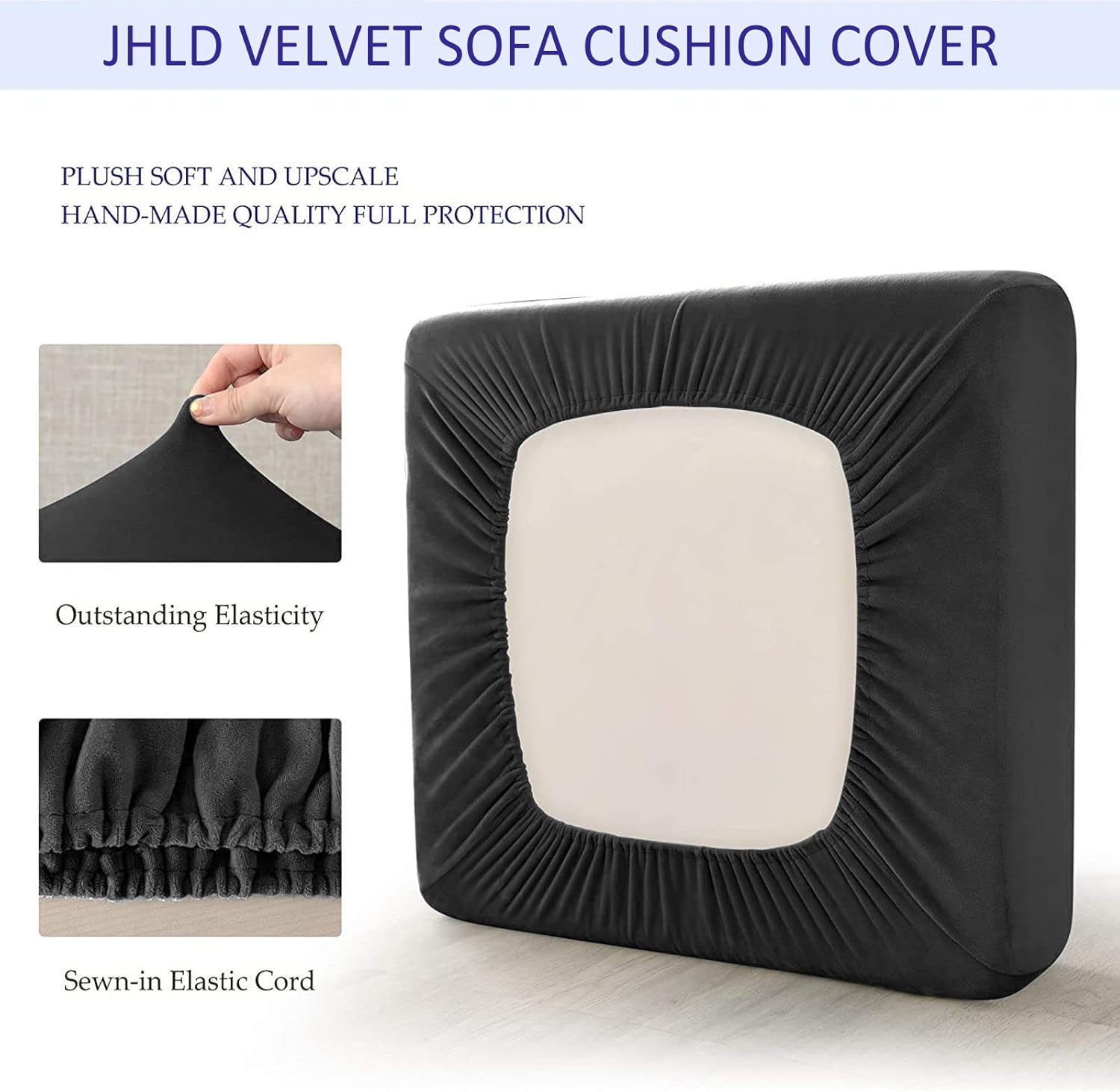 Velvet Sofa Seat Cushion Covers, Sofa Cushion Covers Stretch Couch Cushion Cover Soft with Elastic Bottom Sofa Seat Cover for Chair Sofa-Black-2 Seats