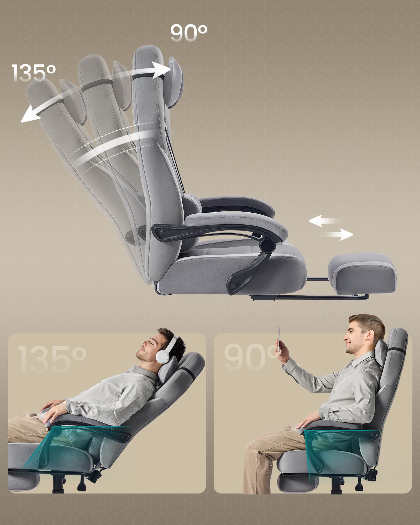 SONGMICS Fotel gamingowy, krzesło biurowe, krzesło komputerowe, ergonomiczny design, z podnóżkiem, regulowanym zagłówkiem, poduszką lędźwiową, nośność 150 kg, kolor łupkowo-gołębi OBG077G02