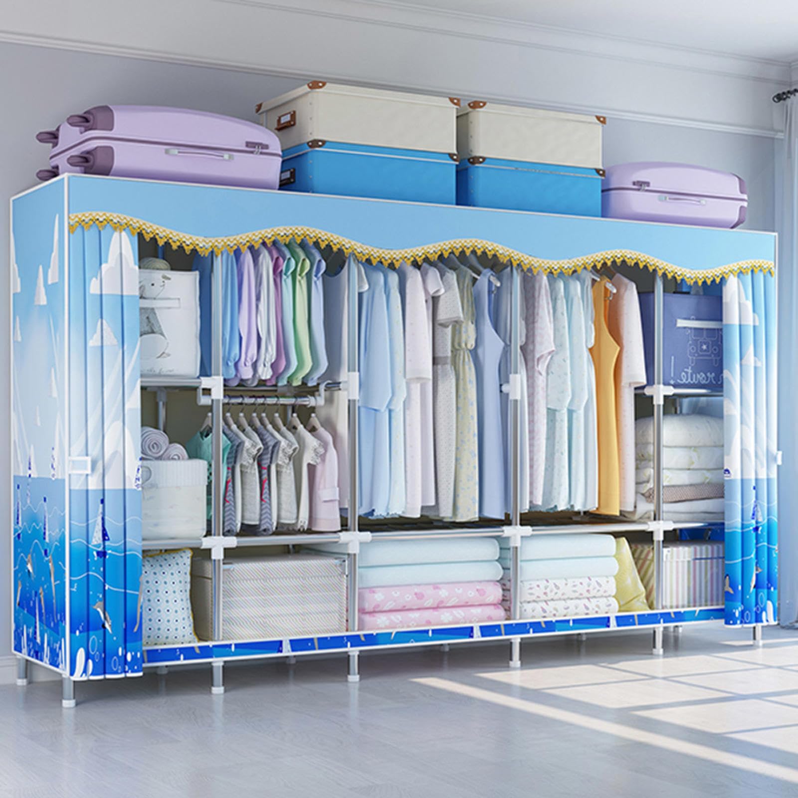 Heavy Duty Tragbarer Kleiderschrank Mit Hängestange Und Regalen, Faltbarer Stoff-Gefüge-Aufbewahrungsschrank-Organizer Für Schlafzimmer Flur-Schlafsaal, Platzsparendes Design Einfache Montage Keine We