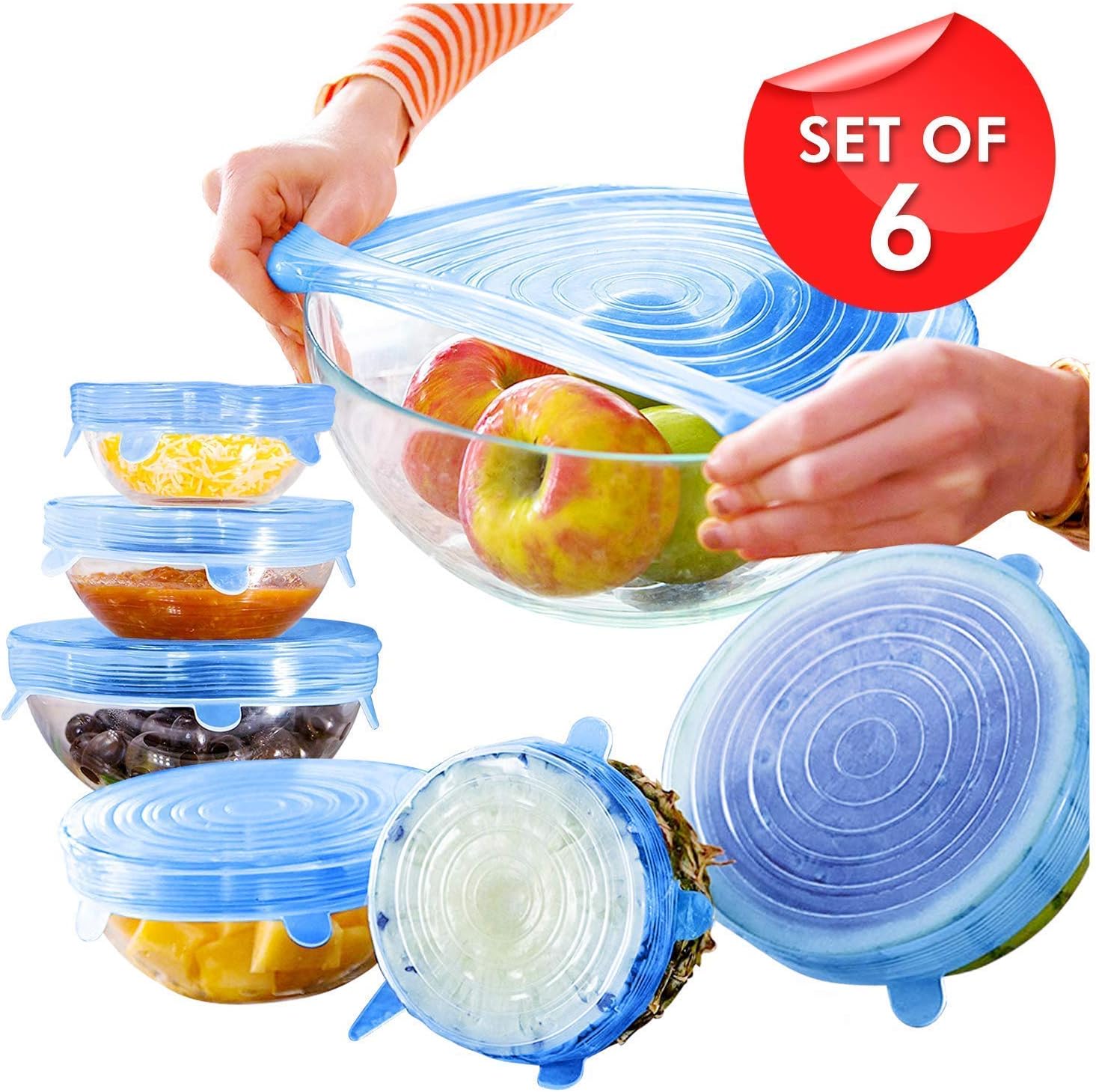 MALPINE Silicone Stretch Lids Flexible Covers for Rectangle Round Square - Bowls Dishes Plates Cans Jars Glassware and Mugs Cover (Free Size Multi Colour) - Set of 6
