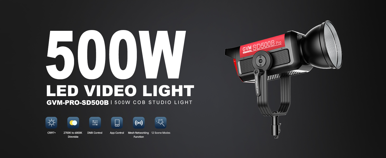 Luce LED GVM SD500B 500W Con Controllo Bluetooth E Montatura Bowens | 2700K-6800K, CRI 97+