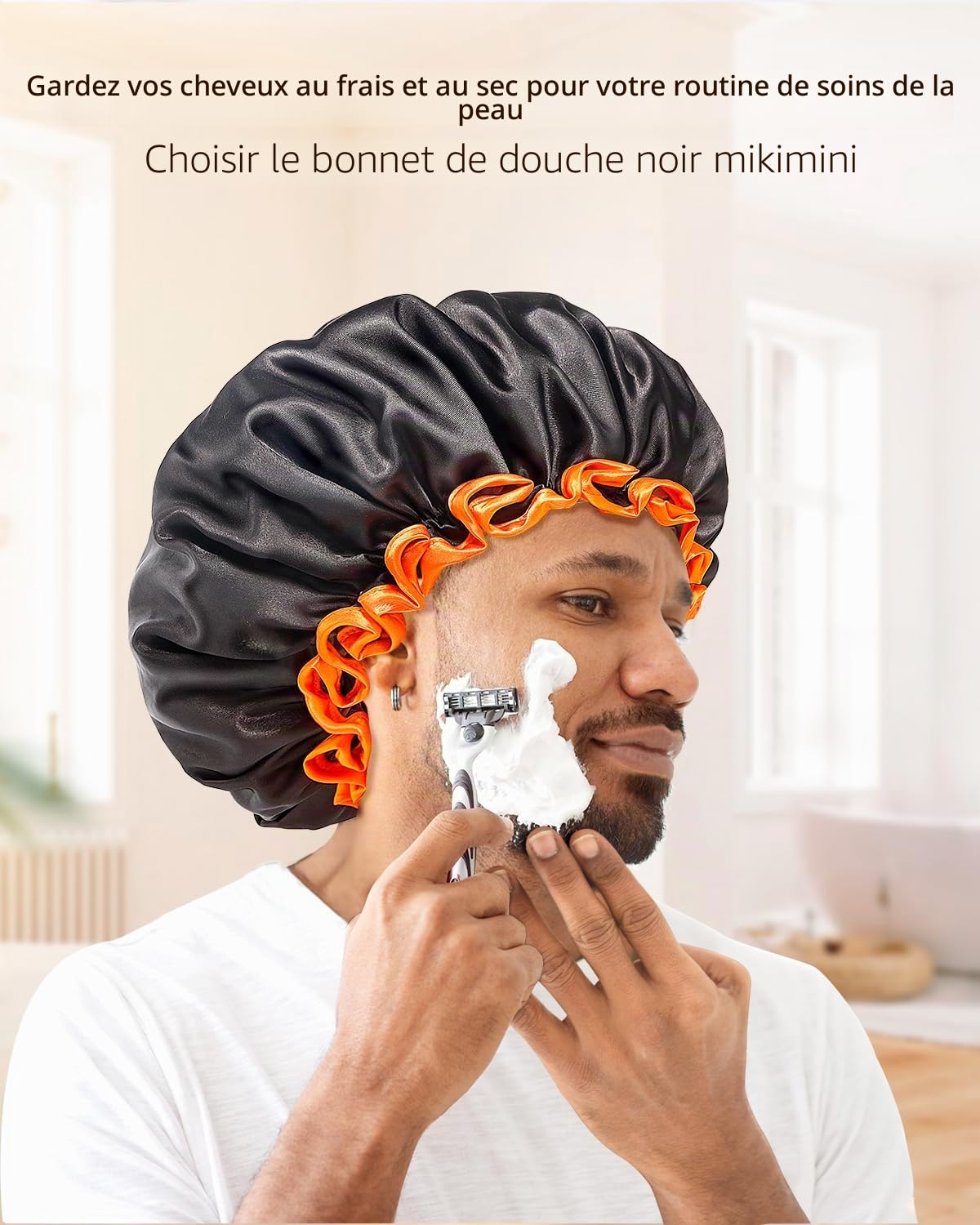 mikimini Bonnet de Douche Noir pour Femmes aux Cheveux Longs, Grande Bonnets de Douche Réutilisables et Imperméables pour Hommes, Bonnet de Bain à Double Couche pour Cheveux Épais et Bouclés