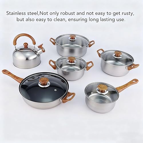 Miniatura 5 de Sorandy Juego de utensilios de cocina de acero inoxidable, 6 ollas y sartenes de inducción con asas de grano de madera, para estufa de gas y placa