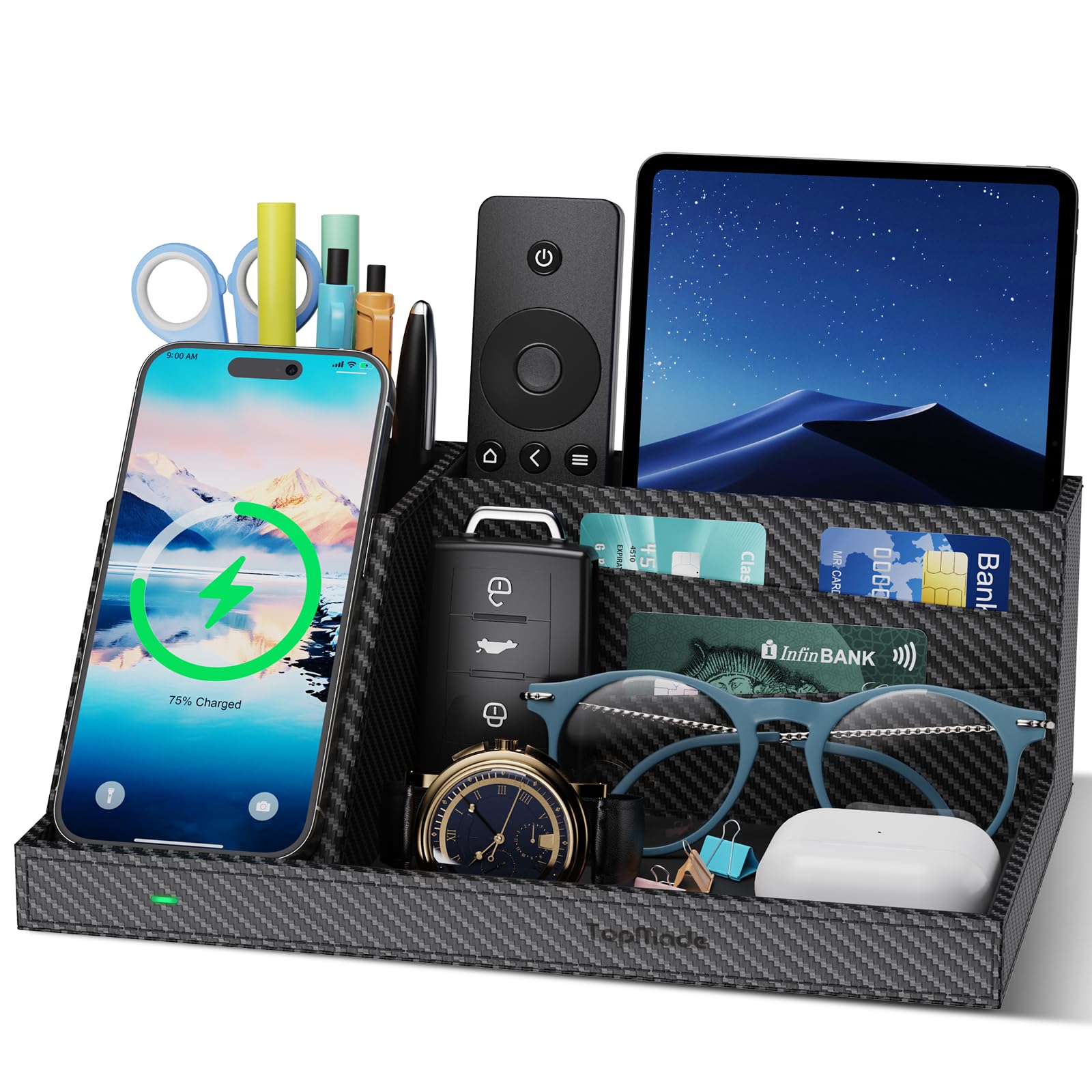 Photo 1 of TopMade Wireless Charger Nightstand Organizer, Multi-Functional Leather Home Office Supplies, Fast Charging Station for iPhone, Remote Control Pen Holder, Desktop Storage (Black Carbon Fiber)