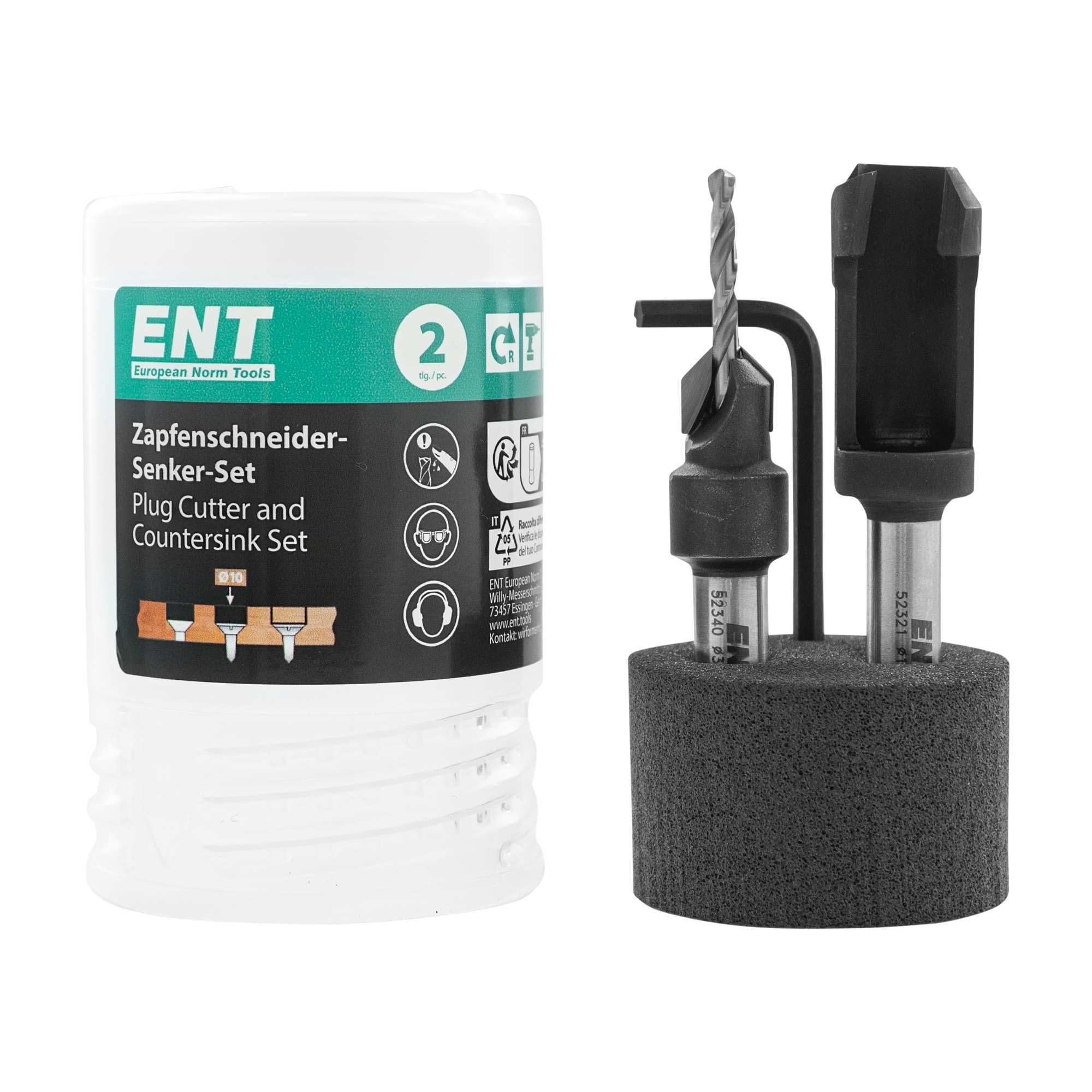 ENT 52410 Zapfenschneider-Senker-Set HW, Bohrer Ø 3 mm, Versenker Ø 10 mm, E 90 °, Zapfen 19x10 mm