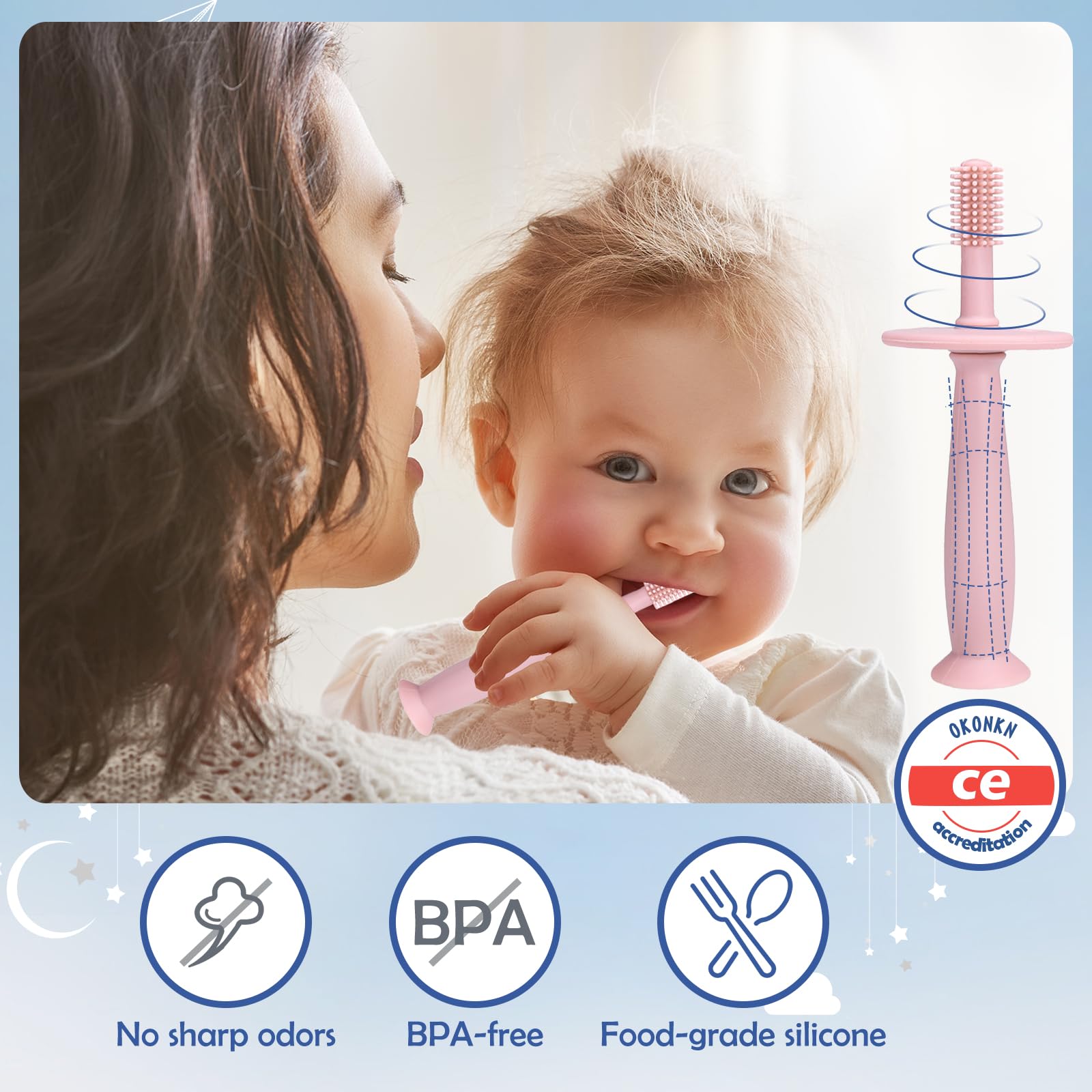 OKOKN 3 Pezzi Giochi Dentizione Neonato, Spazzolino Neonato Pulizia della Lingua, Massaggia Gengive BPA Free, Anello Dentizione Bambini 0-12 Mesi