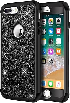 Hython Defender Protective Bling Glitter Sparkle Hard Shell Hybrid Shockproof Rubber Bumper Cover for iPhone 7 Plus and 8 Plus, Dark Black