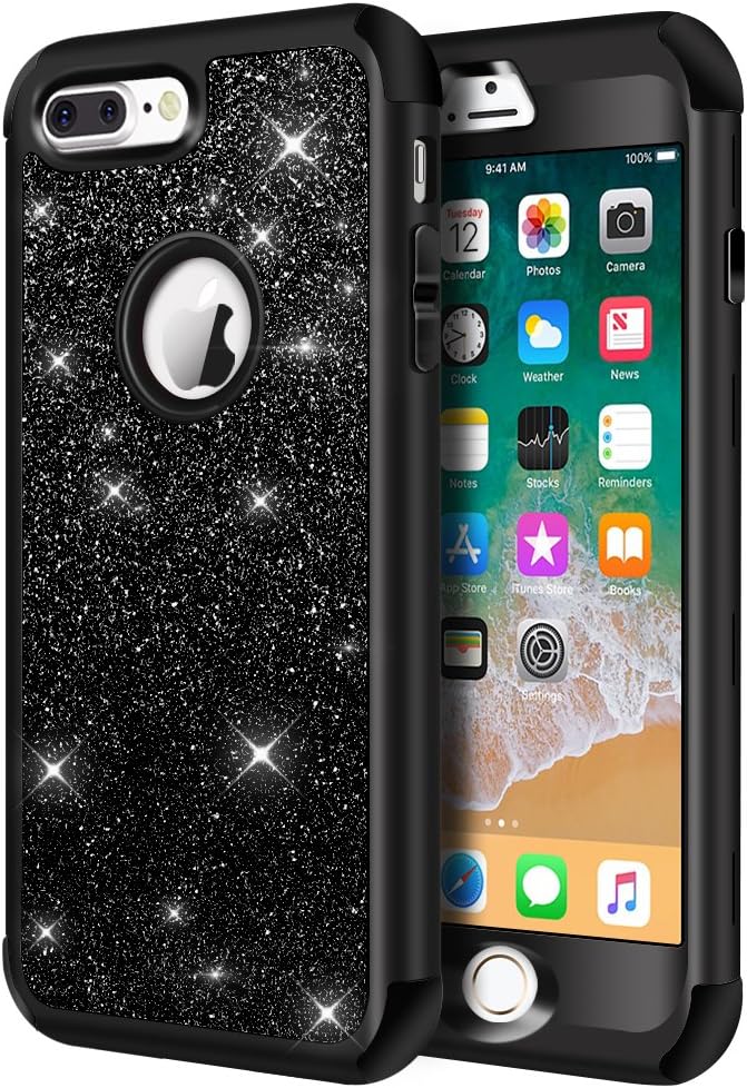 Hython Defender Protective Bling Glitter Sparkle Hard Shell Hybrid Shockproof Rubber Bumper Cover for iPhone 7 Plus and 8 Plus, Dark Black
