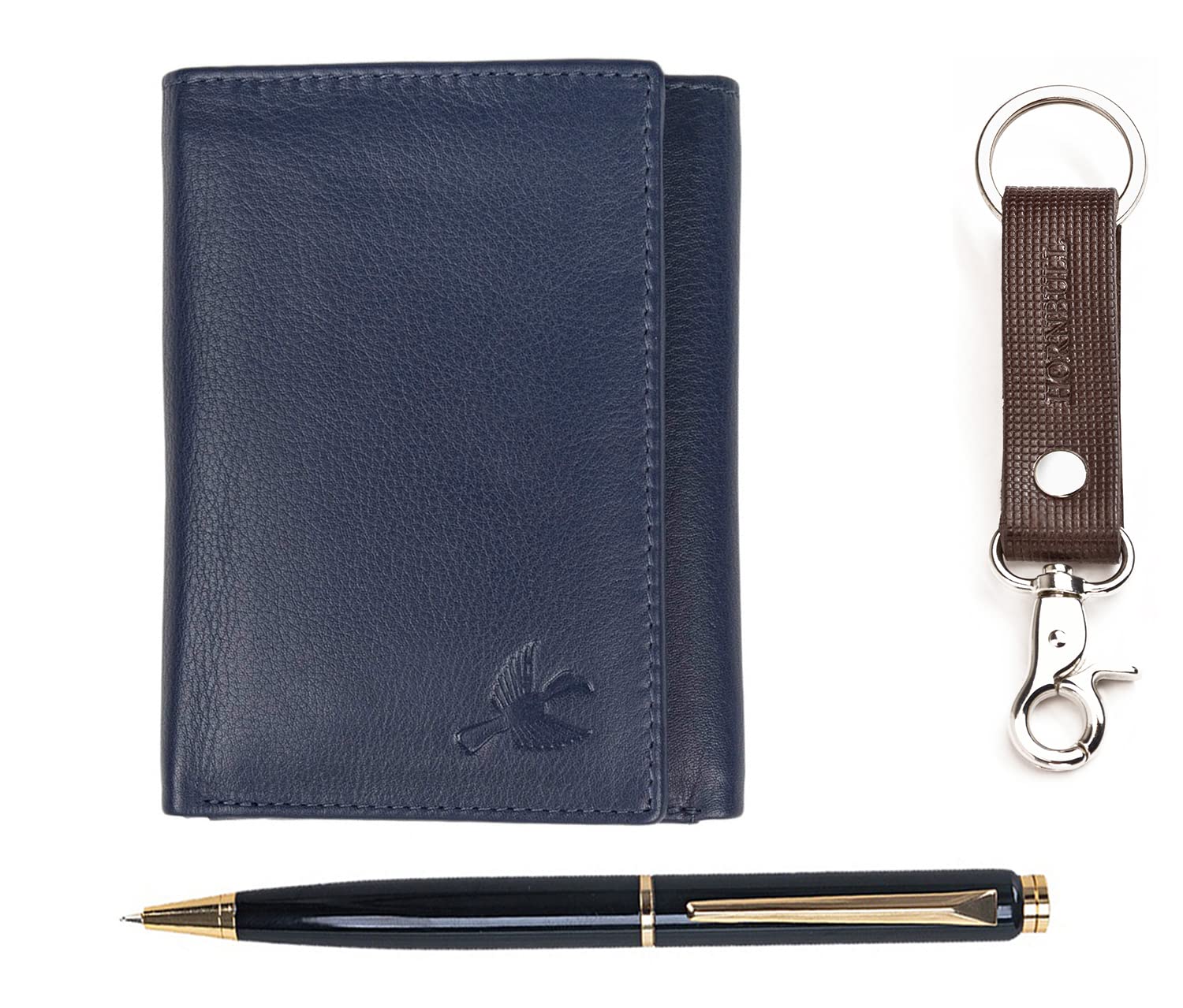 HORNBULL Trifold Navy Leather Wallets for Men, Keyring & Pen Combo Gift Set for Men | Wallet Men Leather Branded