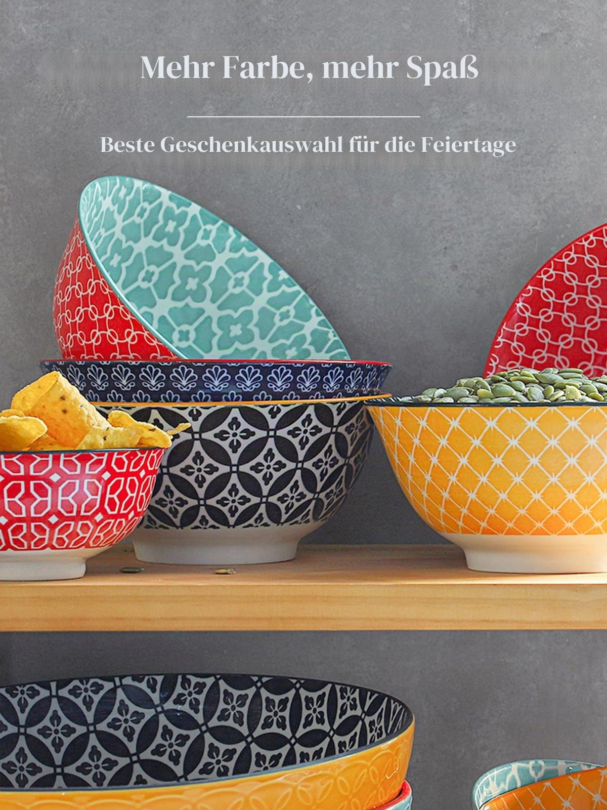 DOWAN Keramik Müslischalen, 945ML Lebhafte Farben Dessertschalen für Thanksgiving und Weihnachten, Großes Suppenschalen-Set für Pasta, Salat, Eis und Haferflocken, Set von 6