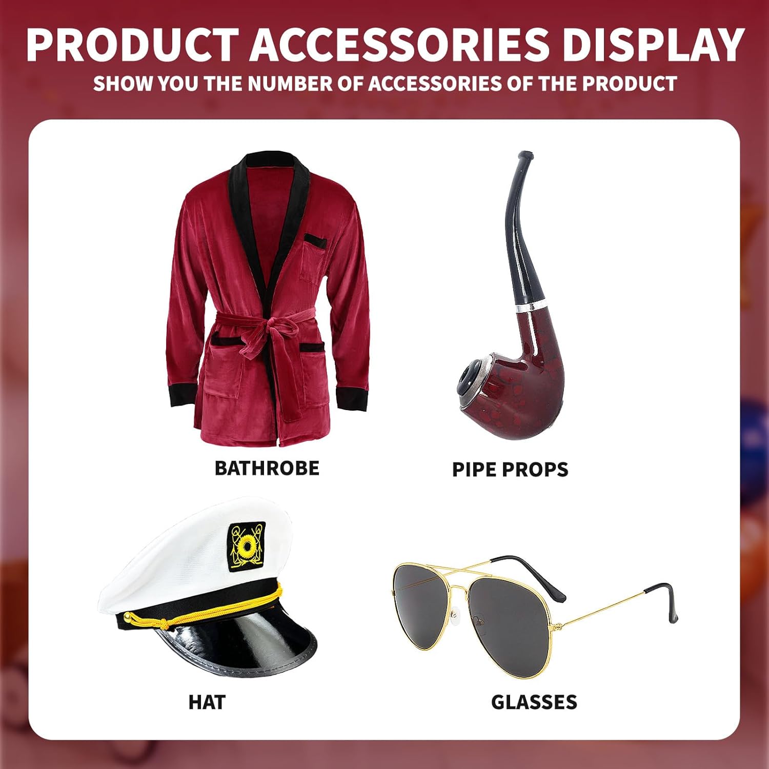 Mens Hefner Costume Red Velvet Robe Jacket Captain Hat Pipe Sunglasses Accessories Halloween Cosplay - Image 4