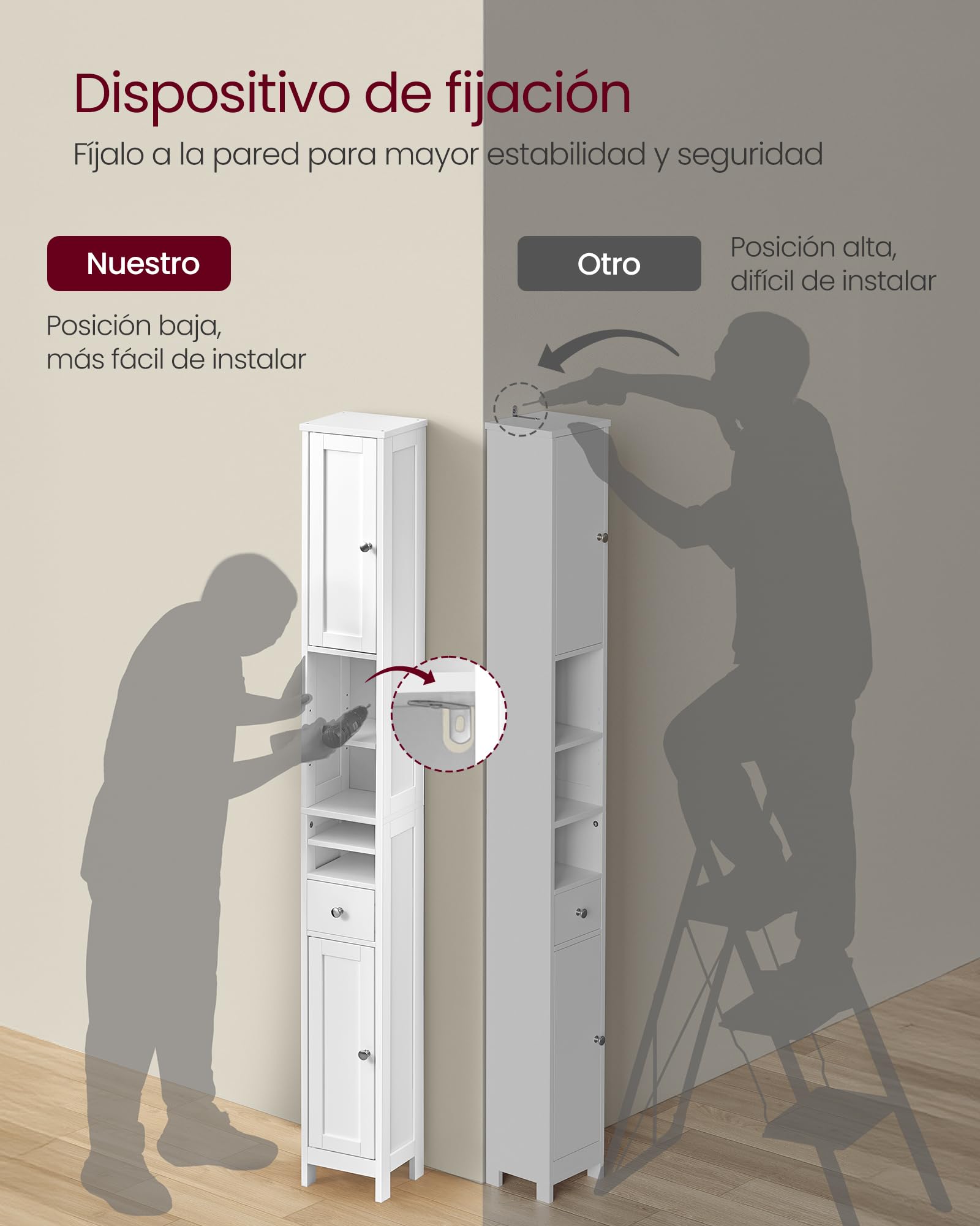 VASAGLE Armario Alto de Baño, con Estantes Ajustables, Cajón, Compartimentos Abiertos, para Espacios Pequeños, Moderno, Blanco Nube BBC765W01