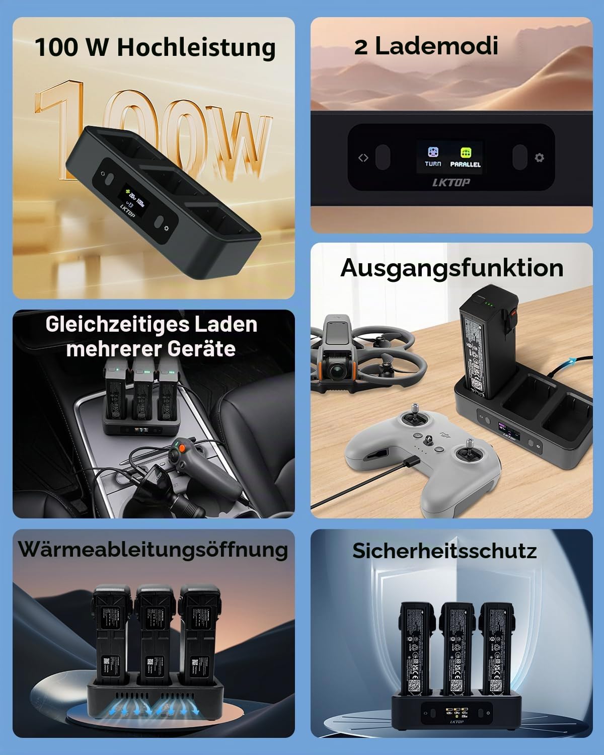 LKTOP 100W Avata 2 Akku Ladegerät Kit für DJI Avata 2 Drohnenzubehör, mit 130W Autoladegerät, 3 Port Schnellladegerät, LED Bildschirmanzeige (2X Schnell, paralleles Laden von 3 Akkus: 1 Std 10 Min)