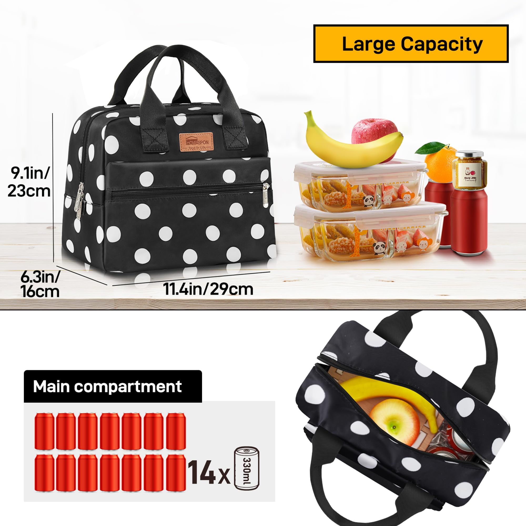 HOMESPON Insulated Lunch Bag for Women Men Work Adult Cool Bag Lunch Box Large Capacity Ladies Tote Bag(Black Dots) - Image 3