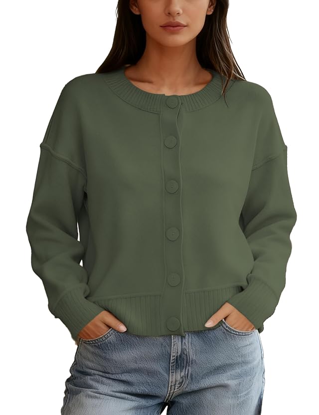 Womens Crewneck Cardigan Sweaters Button Up Long Sleeve Knitted Outerwear Fall Trendy Cropped Knit Top