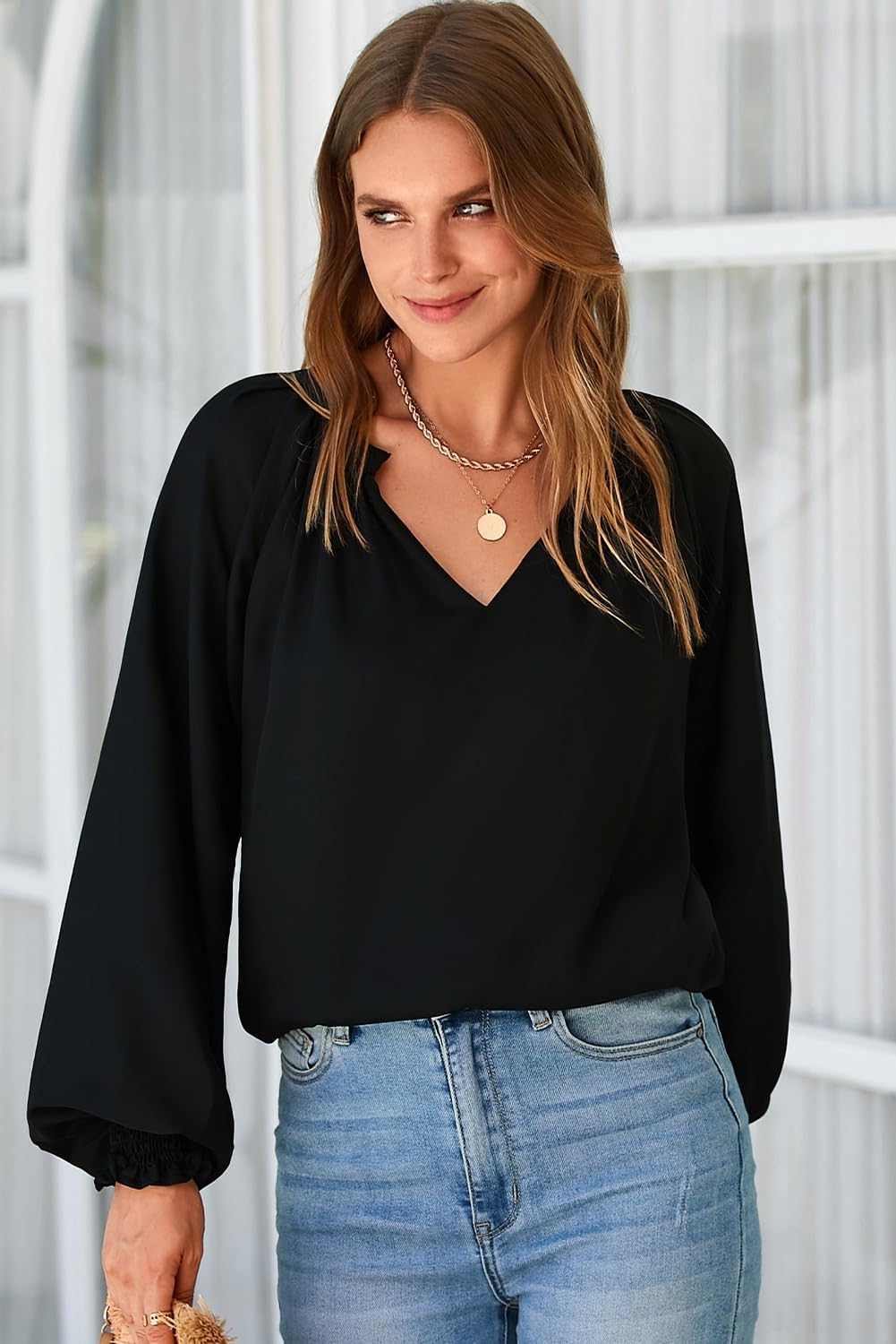 Dokotoo Womens Blouses Dressy Casual Flowy Boho Tops V Neck Long Sleeve Shirts - Image 3