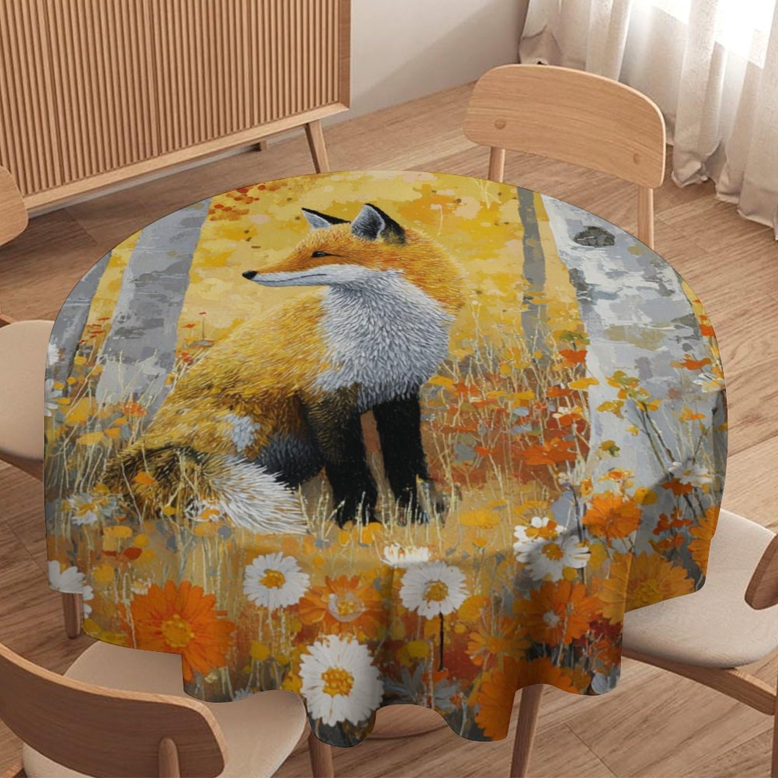 LUYYSKY Vintage Realistic Animals Fox Round Tablecloth Colorful Realistic Fall Forest Plants Daisies Flowers Foxes Print Washable Decor for Table Cover for Kitchen-127 Wx127 L cm