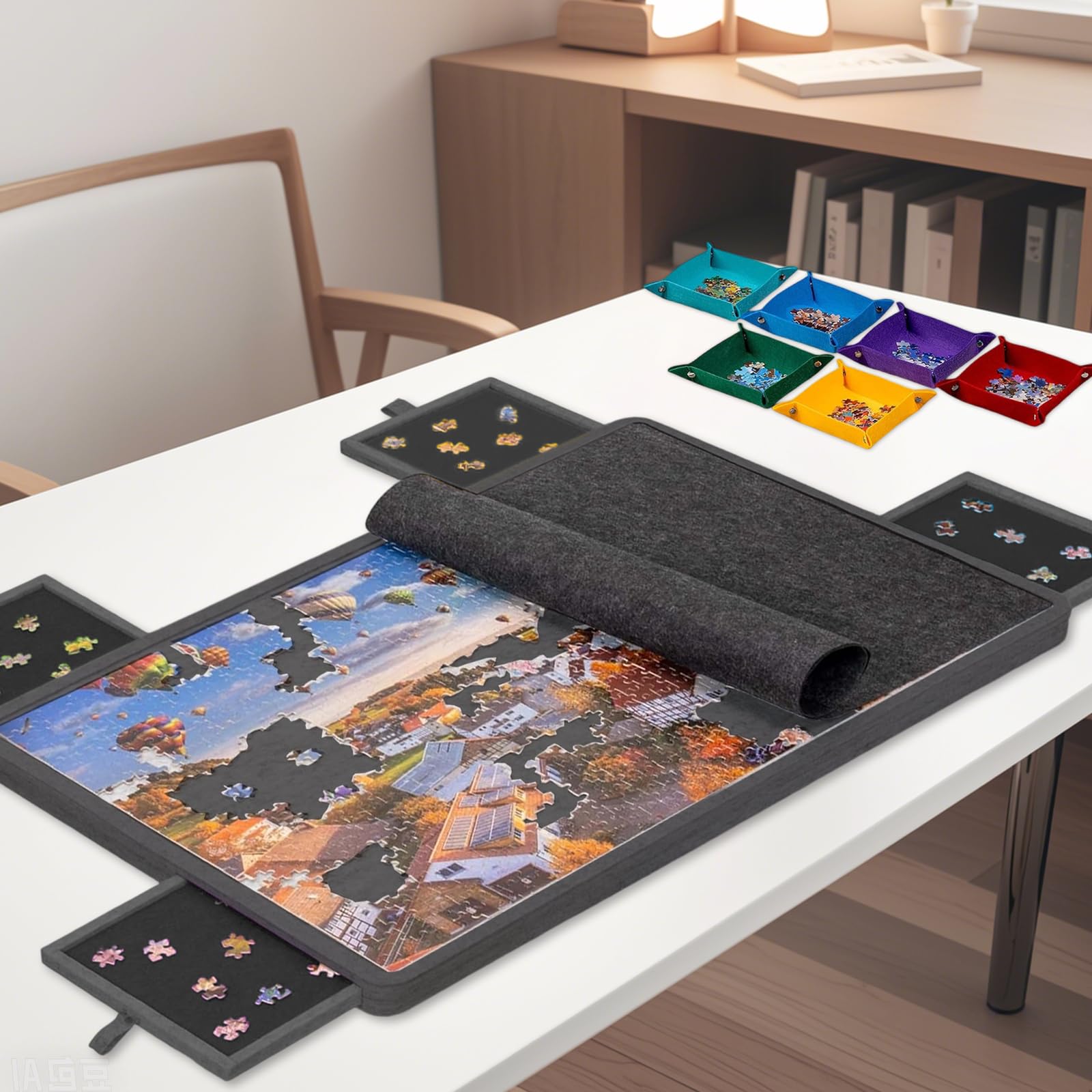 Jigsaw Puzzle pieghevole con 4 cassetti, tavolo puzzle portatile con supporto 2 in 1 e copertura, super leggero in feltro con 6 scomparti, accessorio puzzle per fino a 1000 pezzi (nero)