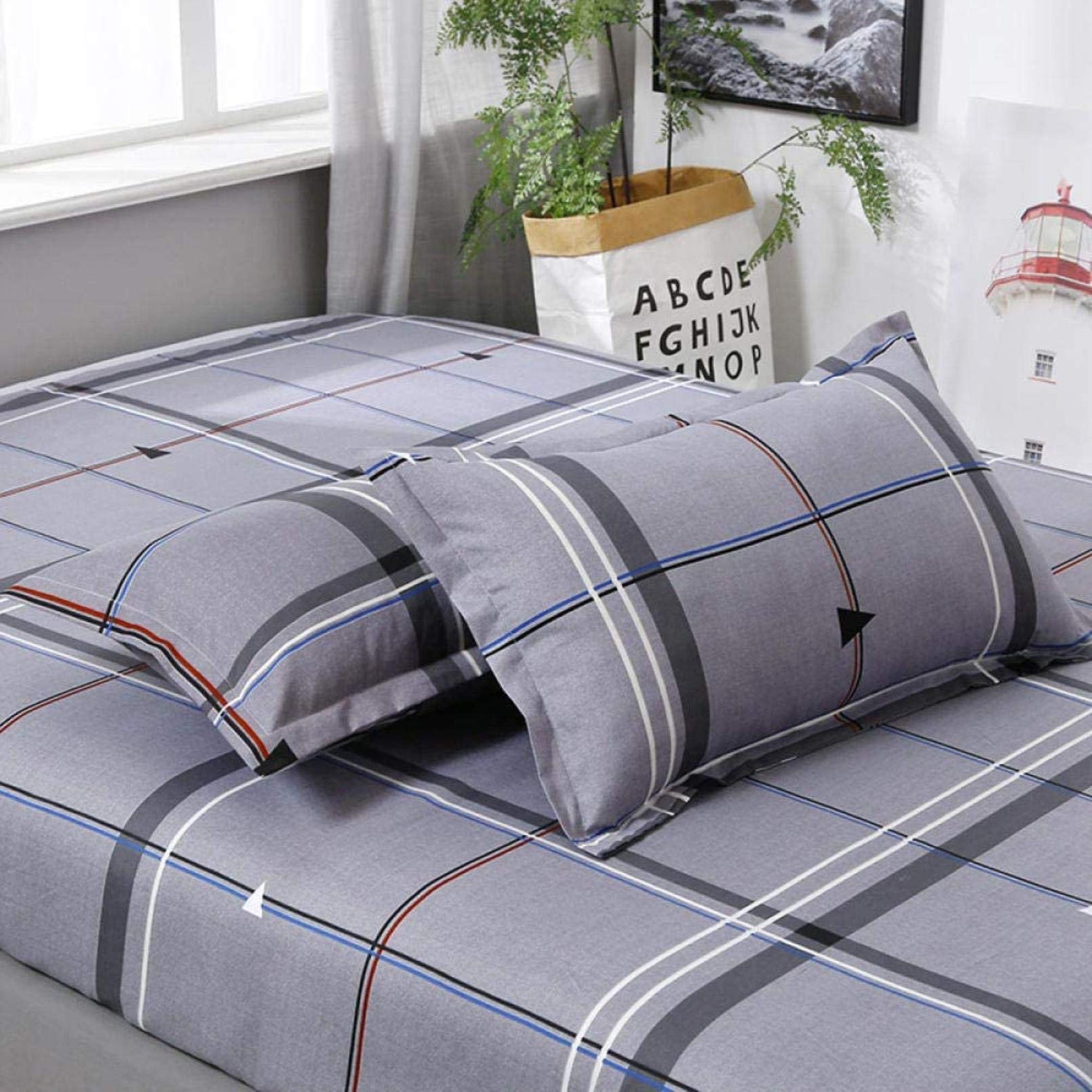 Grau Kariertes Bettbezug-Set, wendbar, 71 x 86,6 cm, Baumwolle, 4-teiliges Bettwäsche-Set mit 1 Laken und 2 Kissenbezügen 50 x 75 cm für Schlafzimmer, Doppelbettgröße HGCHH