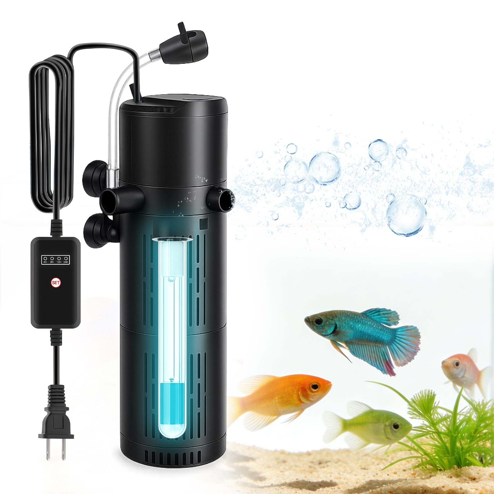 RoserRose Filtro per acquario con sterilizzatore UV da 6 W, 800 l/h, filtro interno 4 in 1, pompa dell'acqua, ventilazione e formazione d'onde, silenzioso, filtro per acquario con timer, per acquario