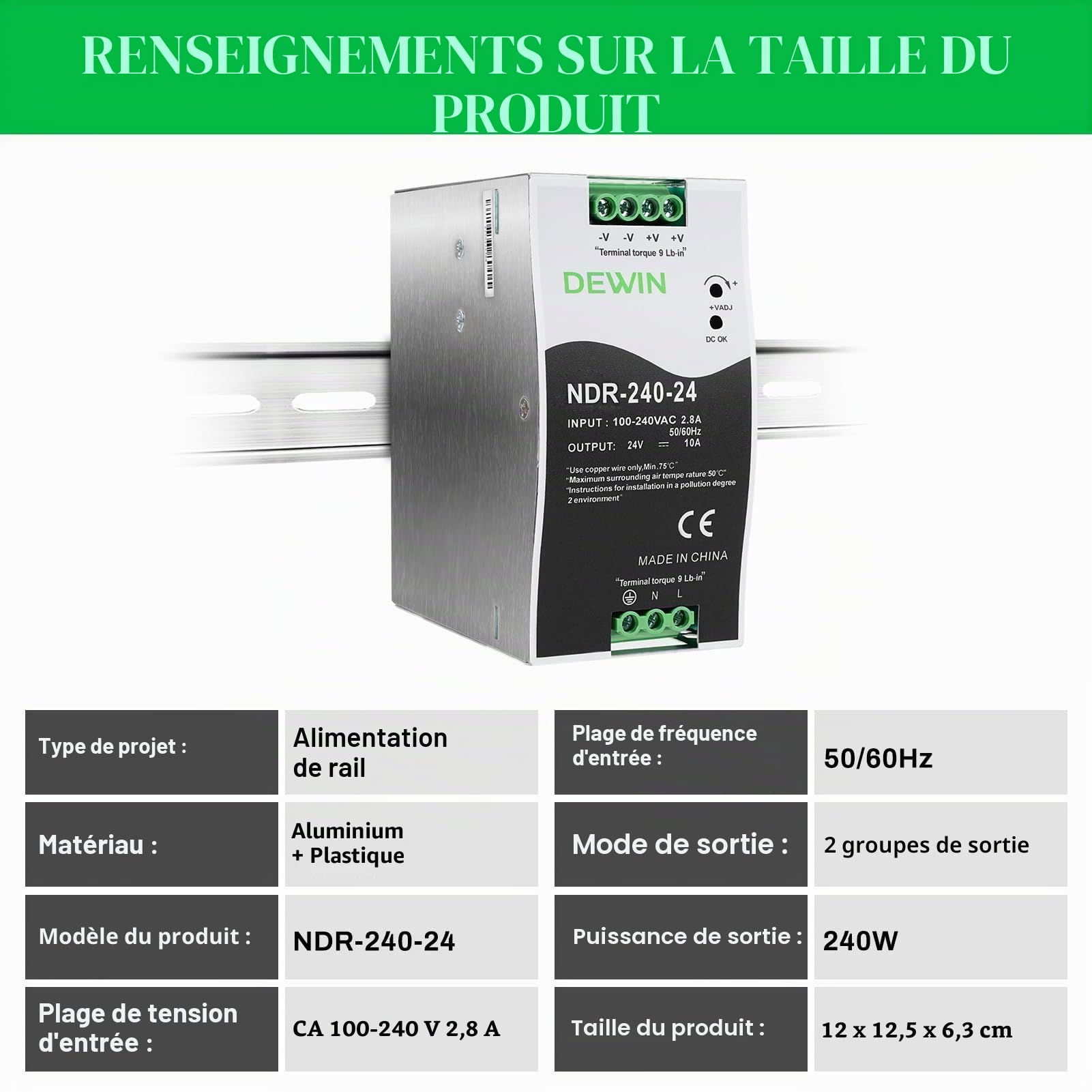 Alimentation sur rail din 24V 10A 240W bloc d'alimentation pour rail din transformateur Entrée AC100-240V 2.8A sortie DC24V 10A alimentation à découpage industrielle NDR-240-24