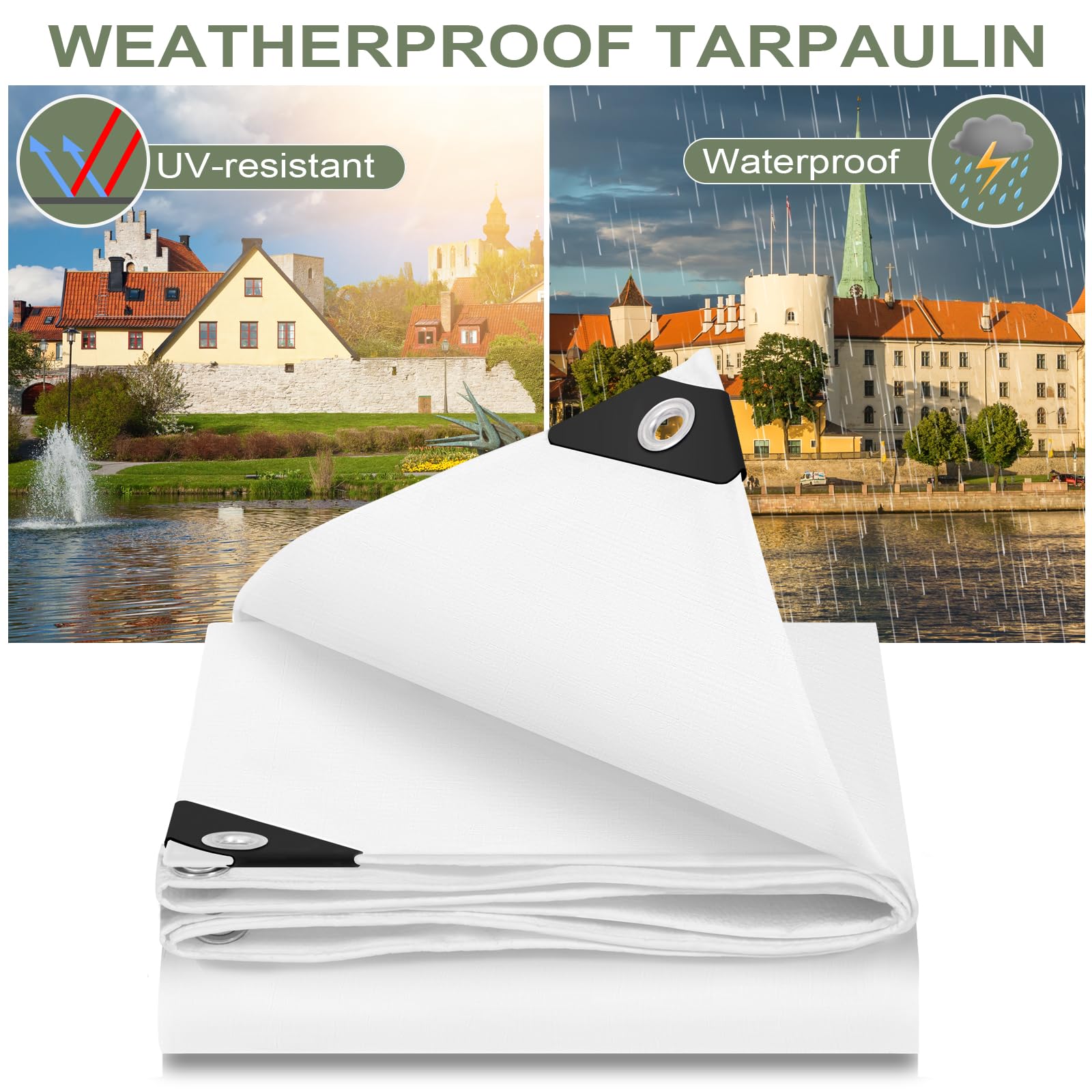 WOLTU Telone Idrorepellente per Esterno 3x4 m Telo Occhiellato Rinforzato in PE 140g/m² Copertura per Piscina Auto, Mobili da Giardino, Antipioggia e Antivento, Bianco