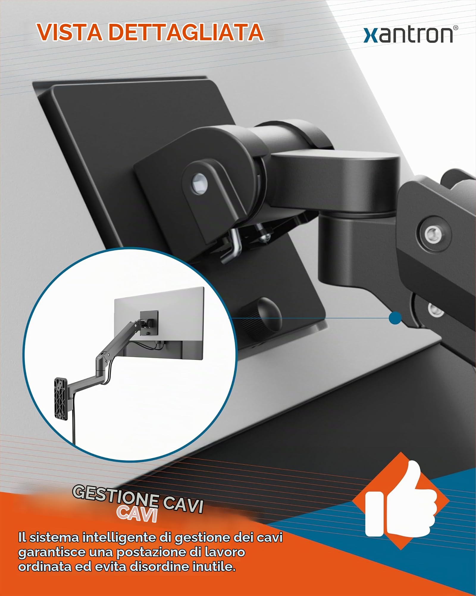 Xantron PRO-WallGS - Supporto da parete ergonomico regolabile in altezza, VESA 75 x 75 e 100 x 100 cm, per monitor 1 monitor da 17 a 49 pollici, rotazione a 360 gradi fino a 20 kg