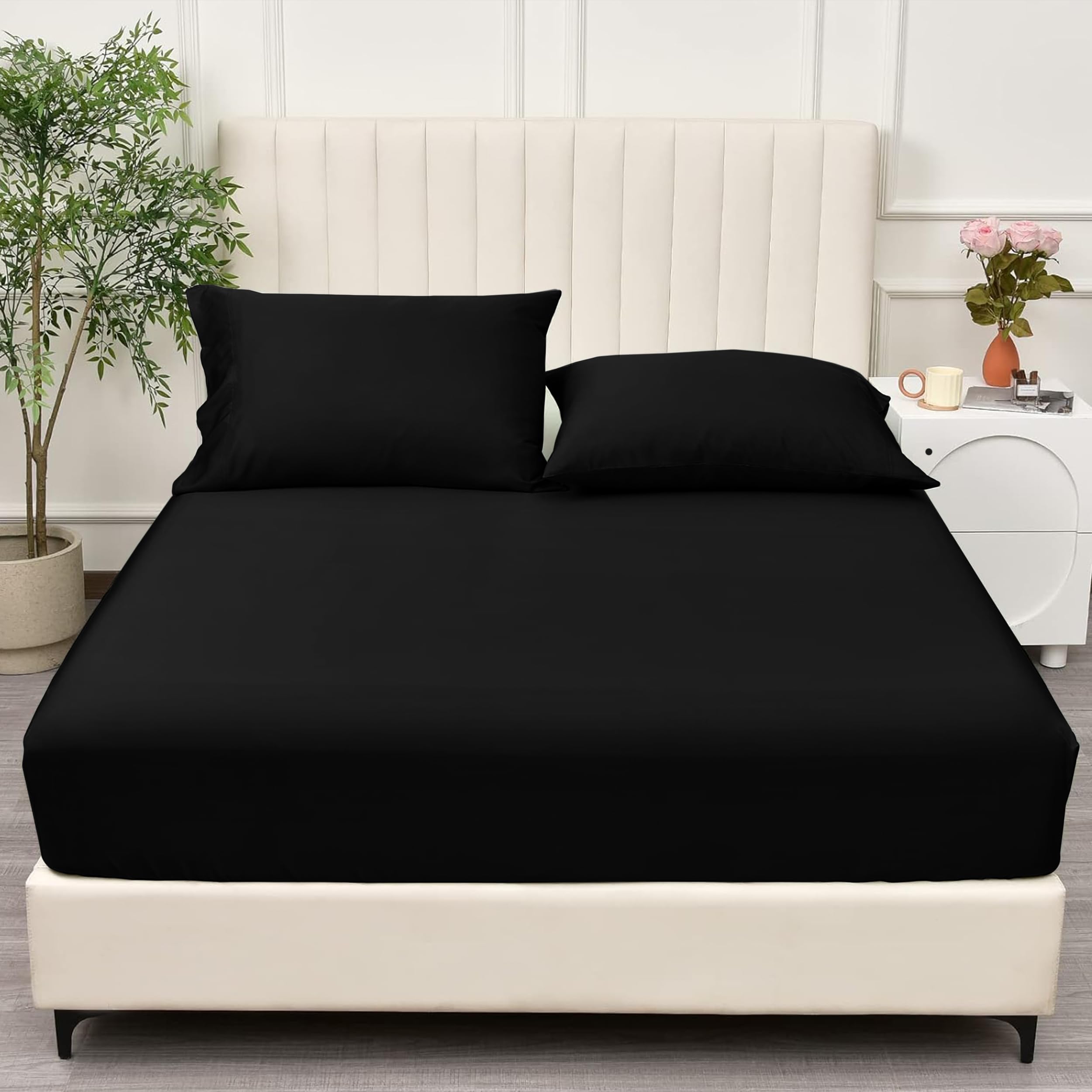 PRIME LINENS Brushed Microfiber Fitted Sheet 30 Cm Deep Pocket Easy Care Bed Sheet Ultra Soft Bottom Sheet Shrinkage & Fade Resistant (Black, King) — image 1
