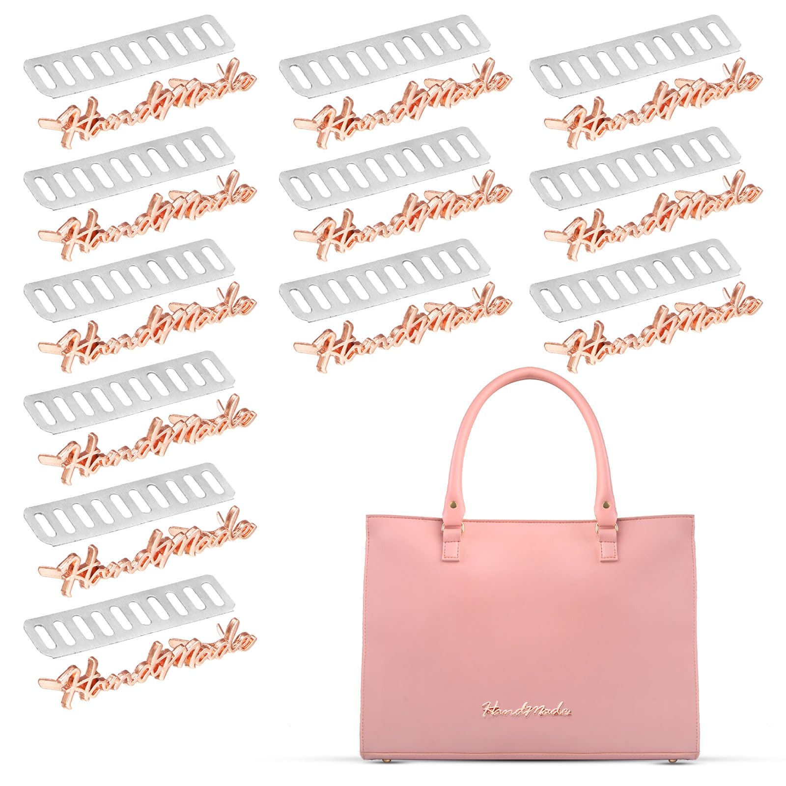TIXIPEM 1.97 x 0.39 in Handmade Metal Letter Tags Label [12PCS] - Hand Made Purse Bags Sewing Labels with Shim Use for DIY Crafts & Bags Making & Accessories - [Rose Gold]