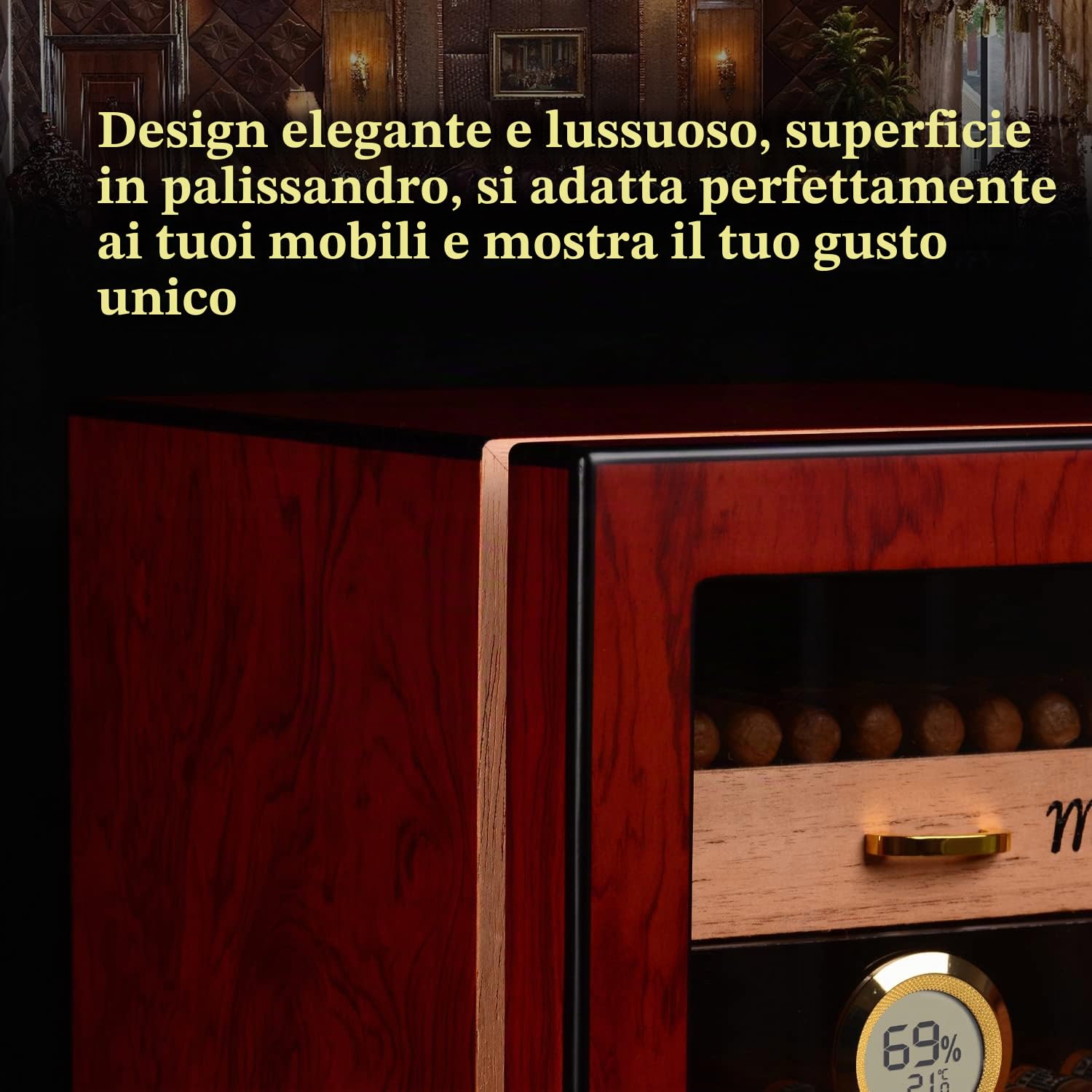 Humidor in Cedro Fatto a Mano, 150 Sigari, Igrometro | 3 cassetti in cedro, doppia porta in vetro, igrometro digitale e umidificatore; armadio artigianale per 150 sigari