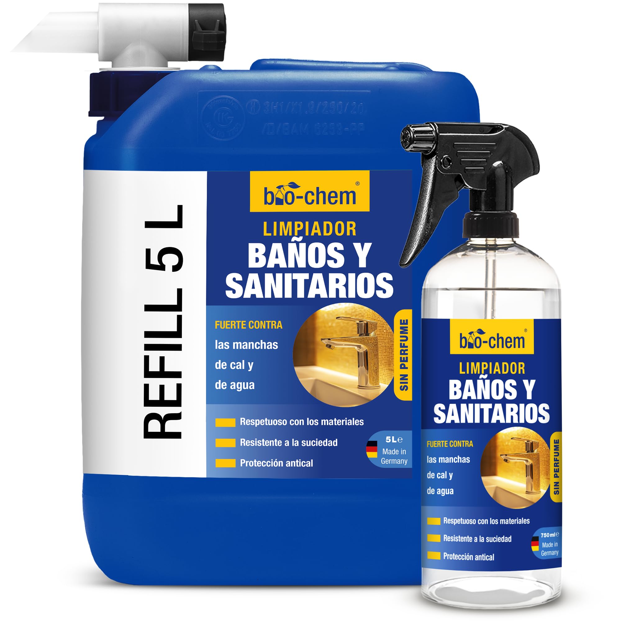 bio-chem Limpiador de Baños e Inodoros 5L + 750ml | Producto de limpieza para la ducha, el lavabo y el inodoro - Detergente antical y antimoho para el baño