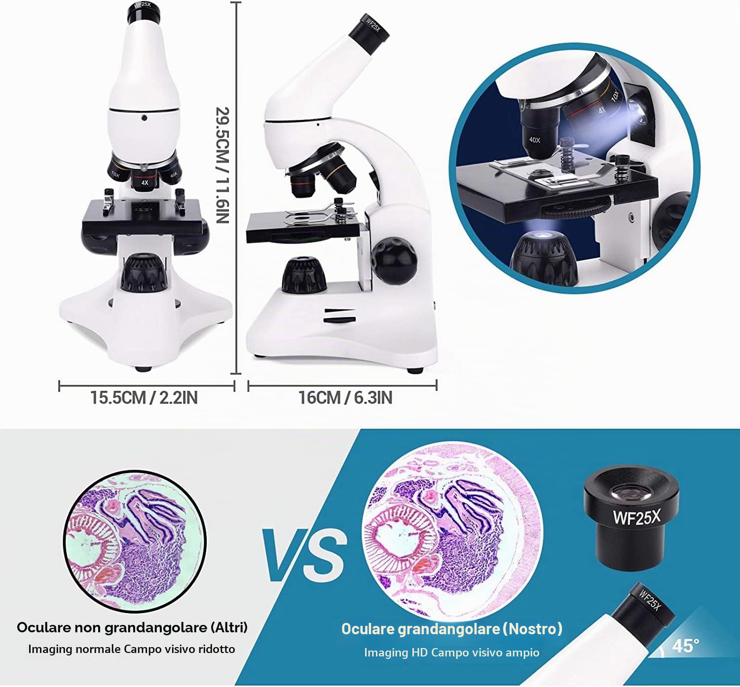 USCAMEL 40X-2000X Microscopio per Bambini Studenti Adulti, con Vetrini per Set, Microscopio Professionale per Scuola Laboratorio Home Biologico Enducation