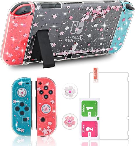 Vista 10 de ECHZOVE Funda para Nintendo Switch con purpurina – Carcasa protectora acoplable con protector de pantalla y agarres de pulgar de Animal Crossing