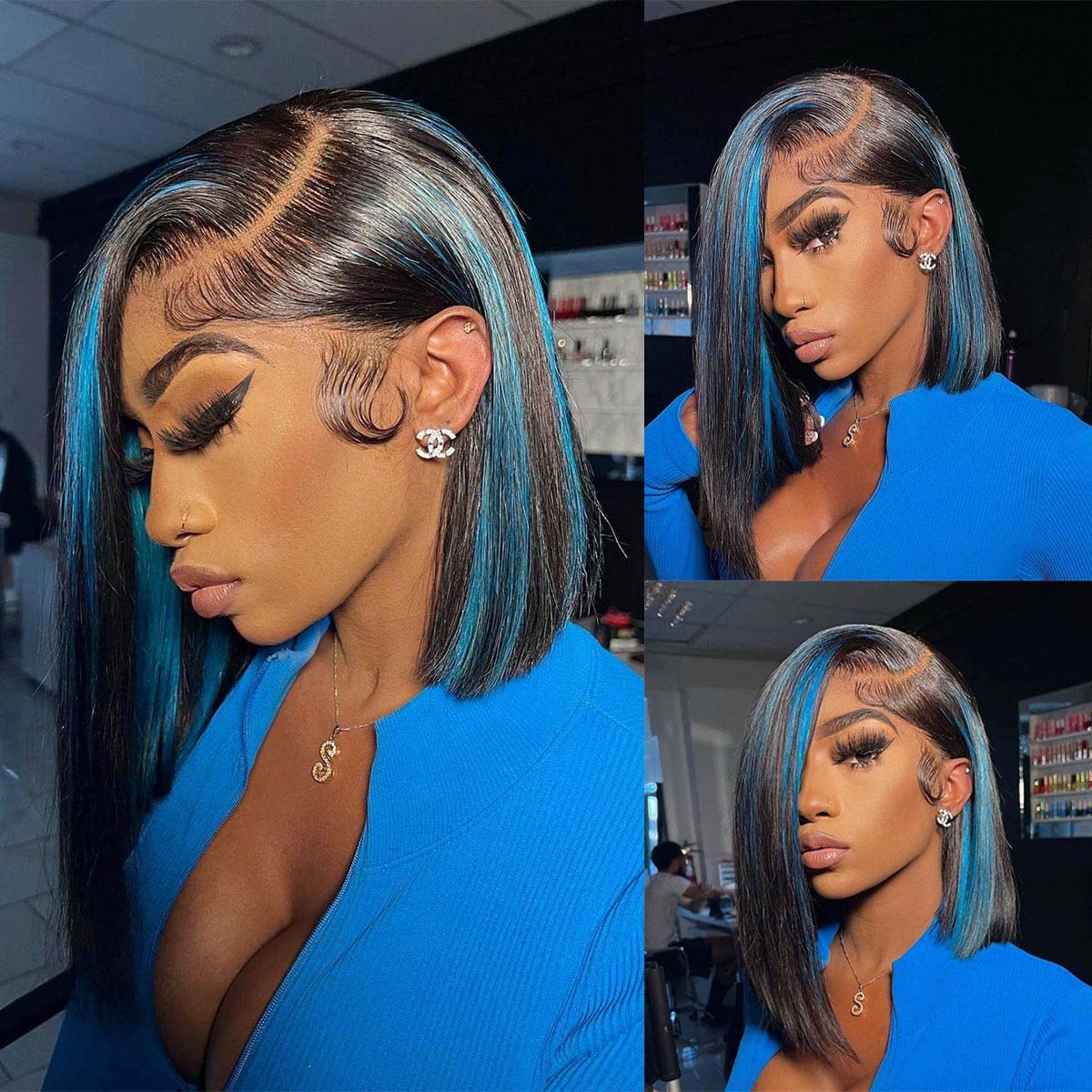 Bob Blue Beauty Lace Front Wig Amazon.com : Blue Bob Lace Front Wigs Human Hair 180  main image 3