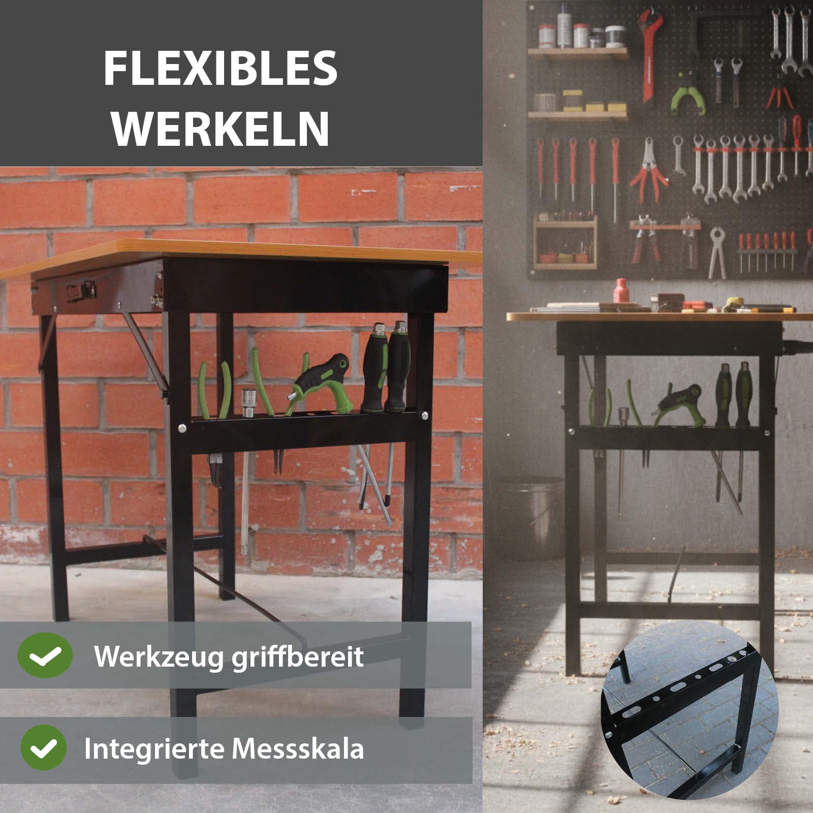 TRUTZHOLM Werkbank 100 x 60 x 75 cm klappbar Werktisch 150 kg belastbar, Arbeitsplatte mit Lineal und Winkelmesser, linierter Arbeitstisch mit Tragegriff Arbeitsbank Werkstatteinrichtung