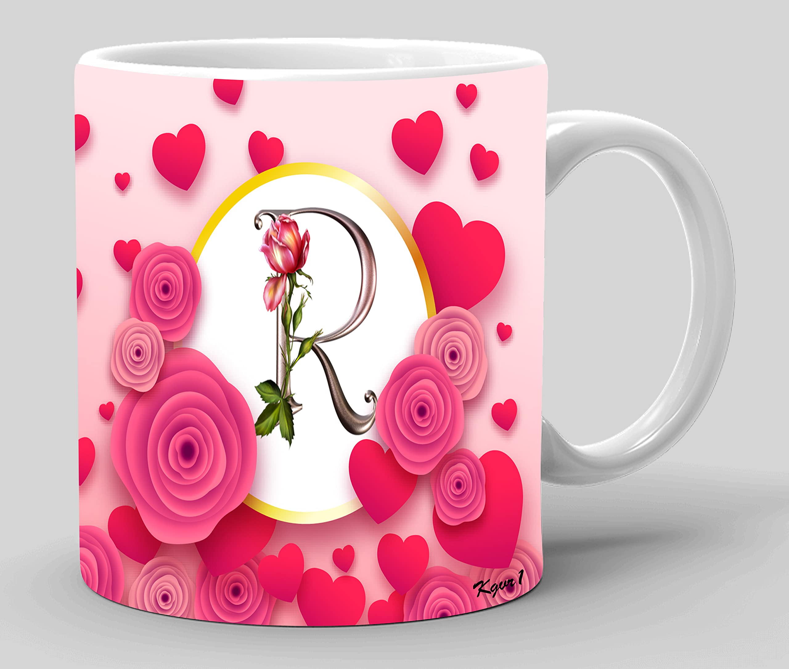 KGVR1_Letter_ R_Pink Flower_Mug Best Gift for Friend/Brother/Sister/Printed Ceramic Mug