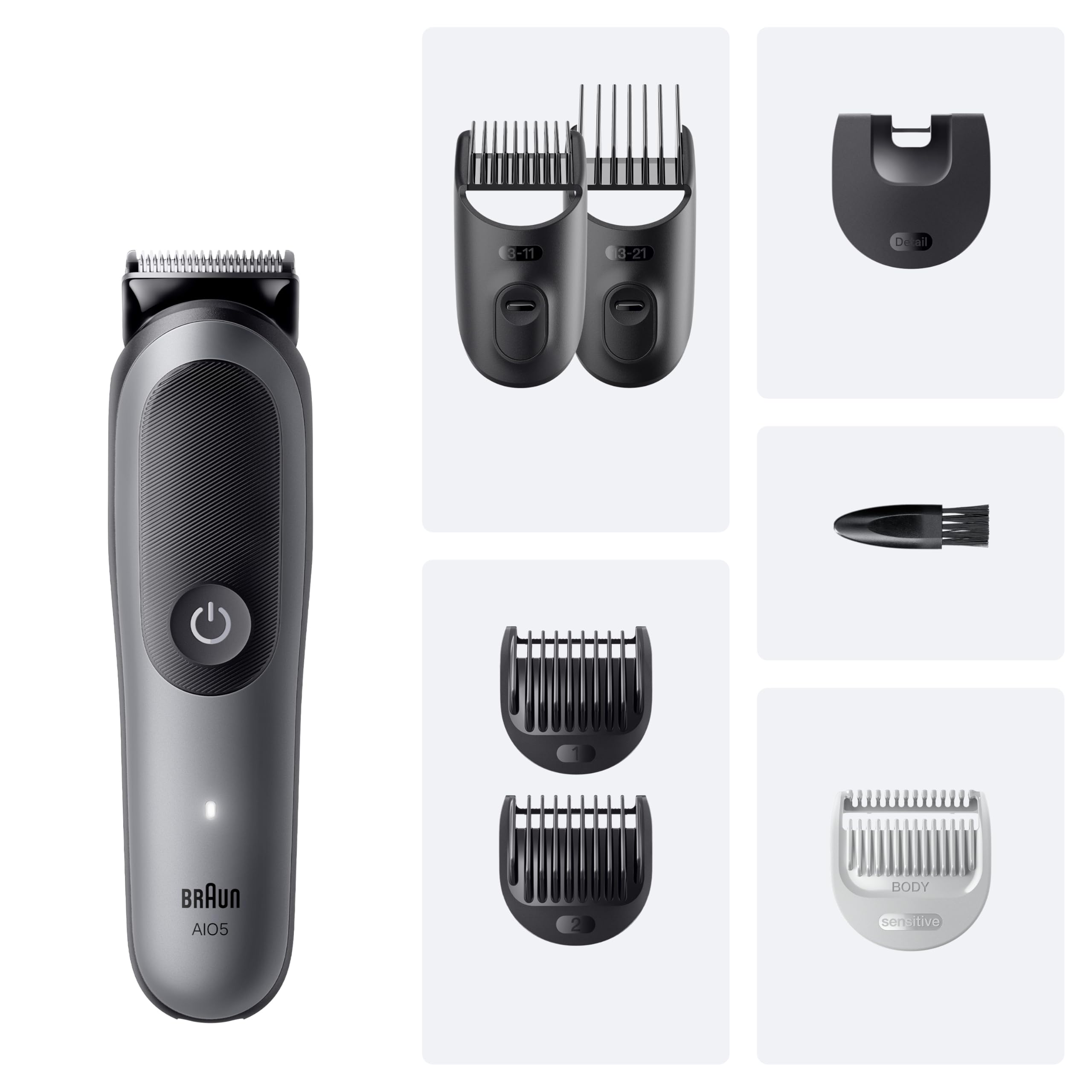 Braun Todo En Uno Series 5 AIO5520, Kit De Styling 7en1, Lámina Ultra Afilada, 120 Min, Tecnología SensitiveTrim Para el Cuerpo, Recorte Preciso Y Eficiente, AquaGrip Para Uso Bajo El Agua, Gris