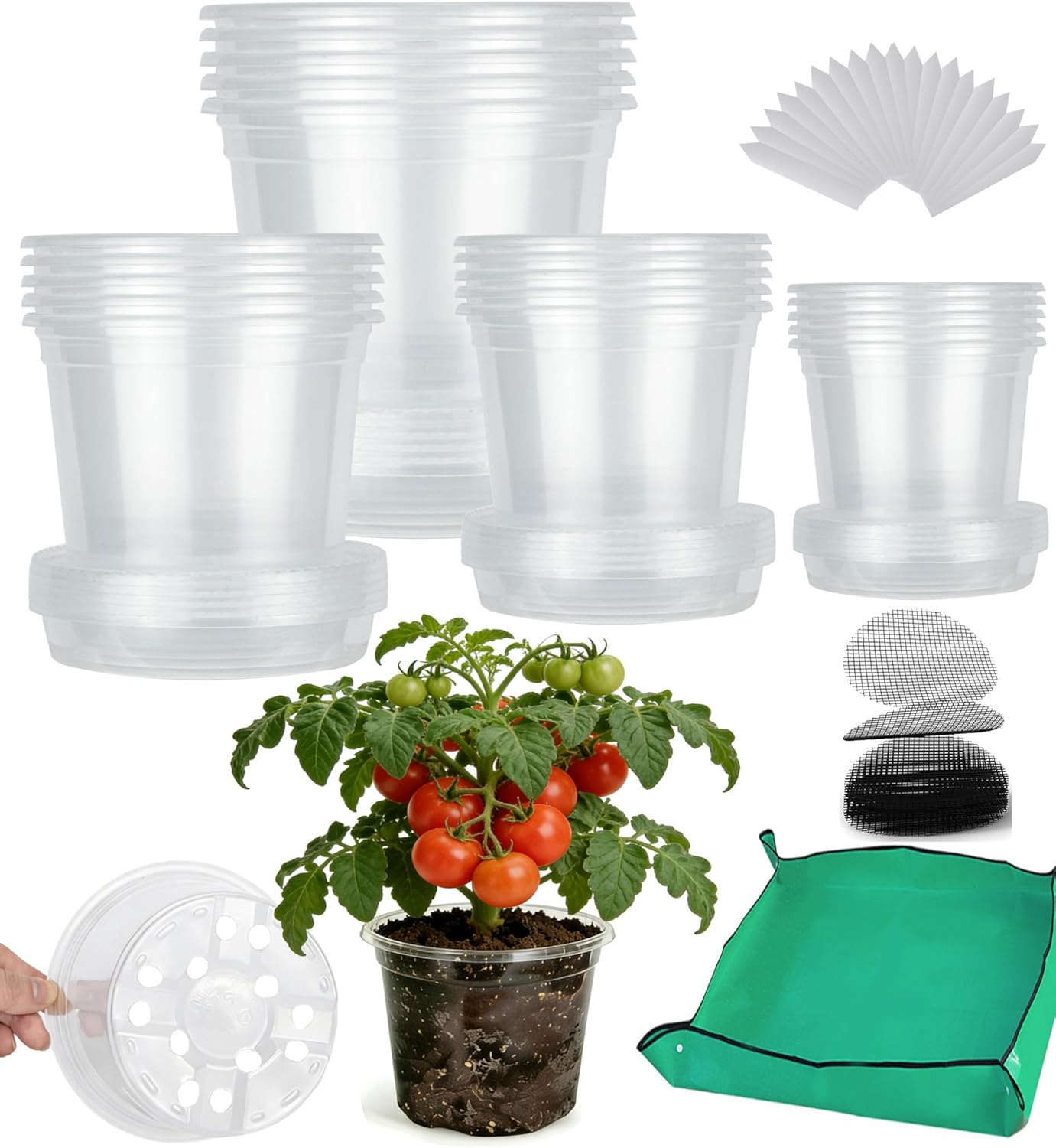 20-Pack Clear Nursery Pots with Saucers & Repotting Mat (4/5/6/7 Inch) – Transparent Plastic Plant Pots with Drainage Holes, Assorted Sizes for Seed Starting, Succulents, Indoor/Outdoor Use