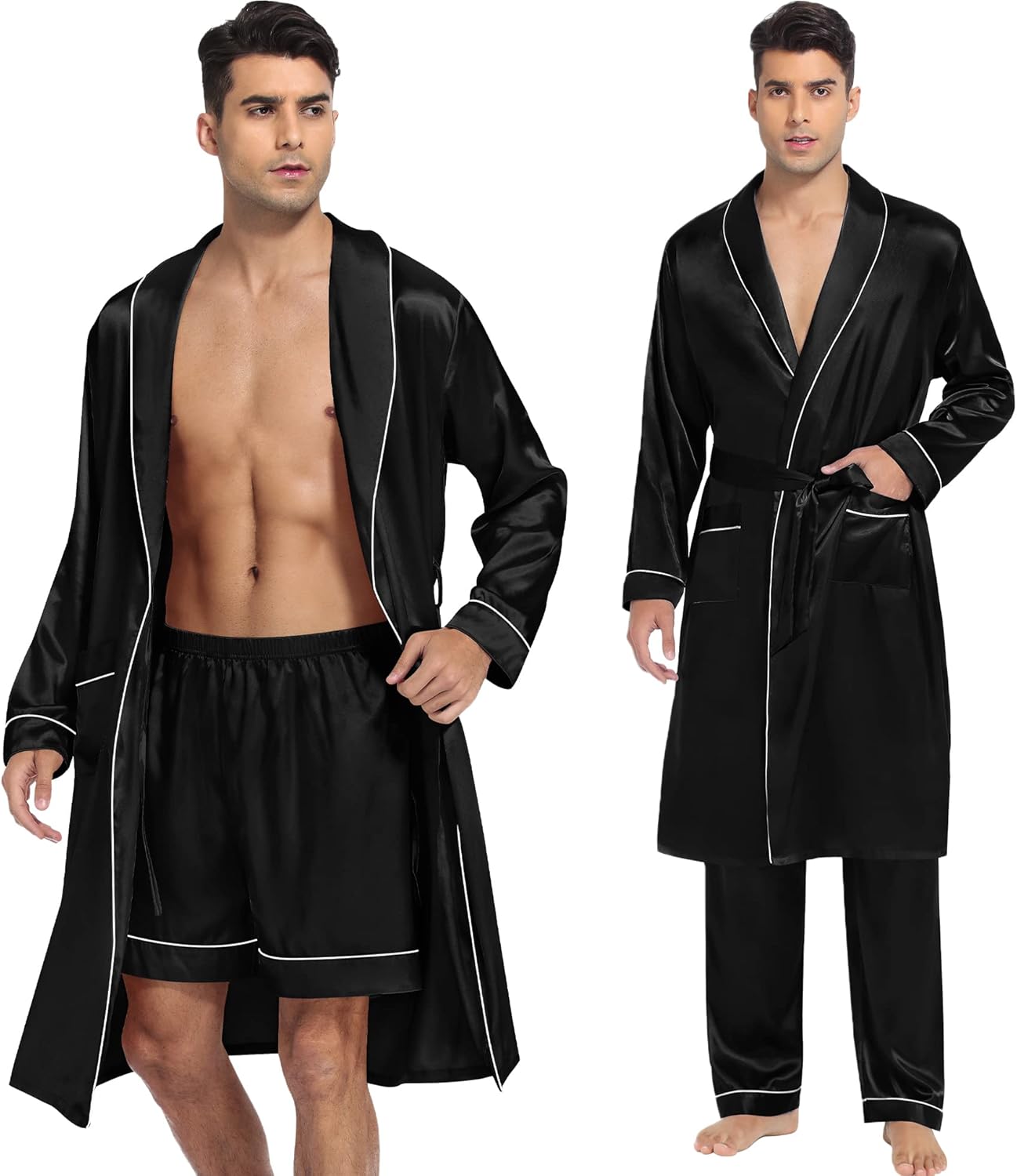 SWOMOG Men's Satin Robe 3 Pcs Silky Kimono Bathrobe Set Lightweight Soft Loungewear Nightwear